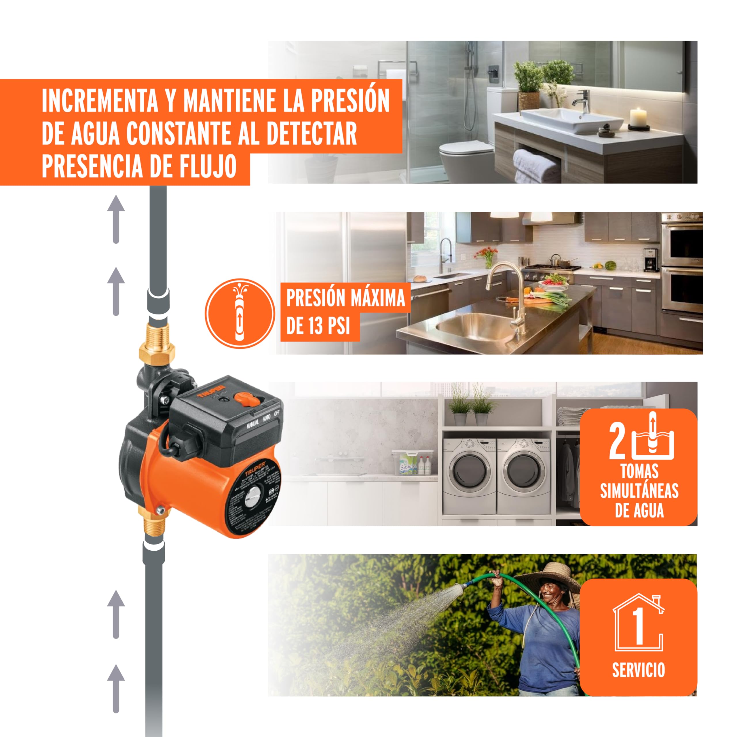 Truper Bomba de Presurización 1/6 HP, Naranja, Plástico, Above Ground, Water Pressure Pump