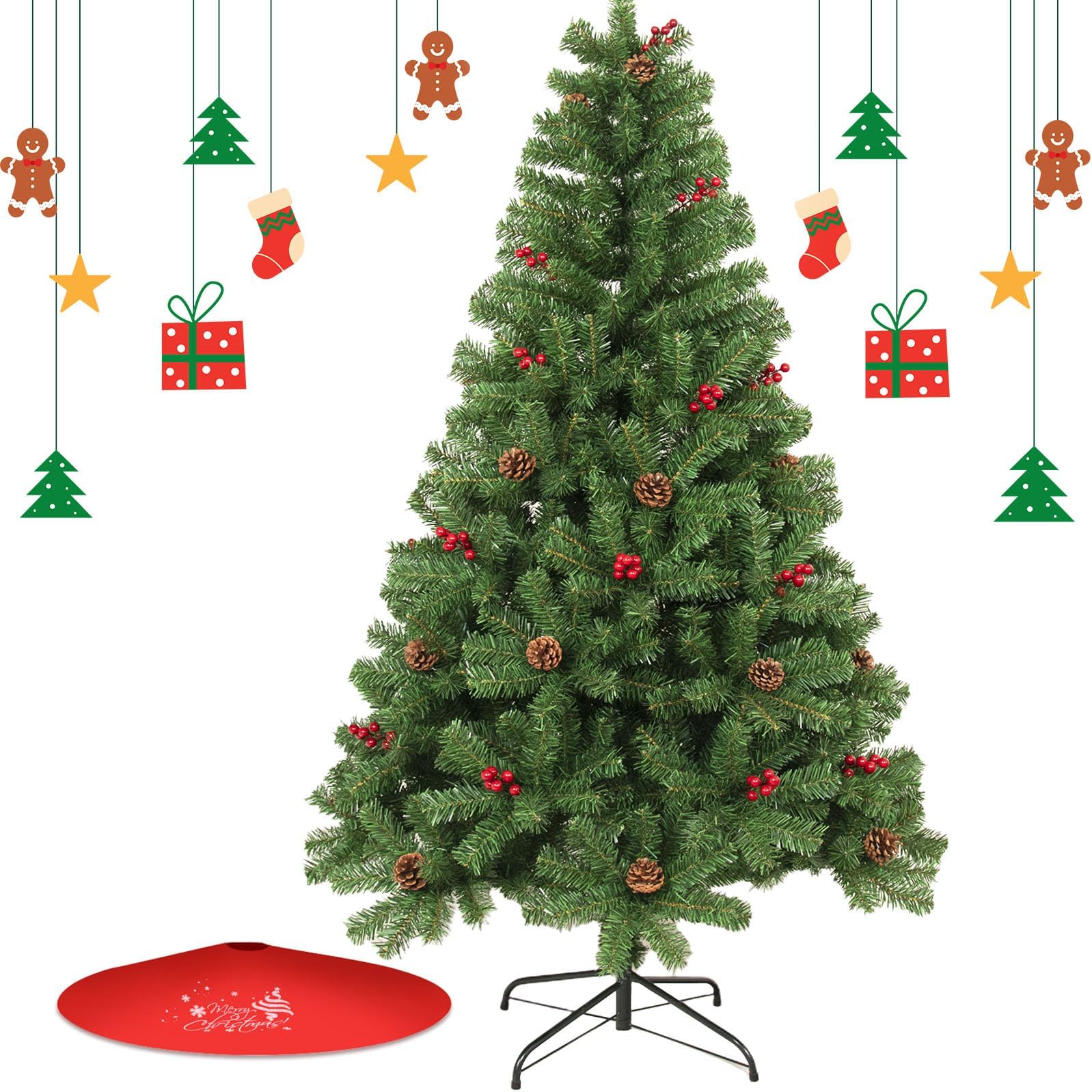 Christmas Tree 7FT/8FT Artificial Tree with Pine Cone and Red Fruit, Foldable Metal Stand for Holiday Christmas Decoration (Green+Red, 7FT)