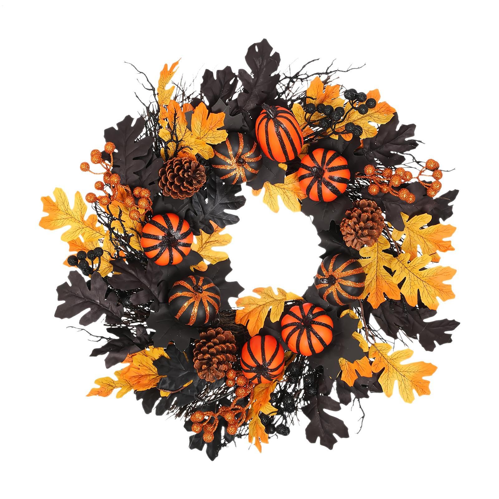 Sztuczny Wieniec Dyniowy Halloween Drzwi - Jesienny Wieniec Z Klonowymi Liscmi,Farmhouse Swiateczny Dekoracji Domowej Wieszak Drzwi Jesienny Dekoracji Okno Balkon Taras Sciana