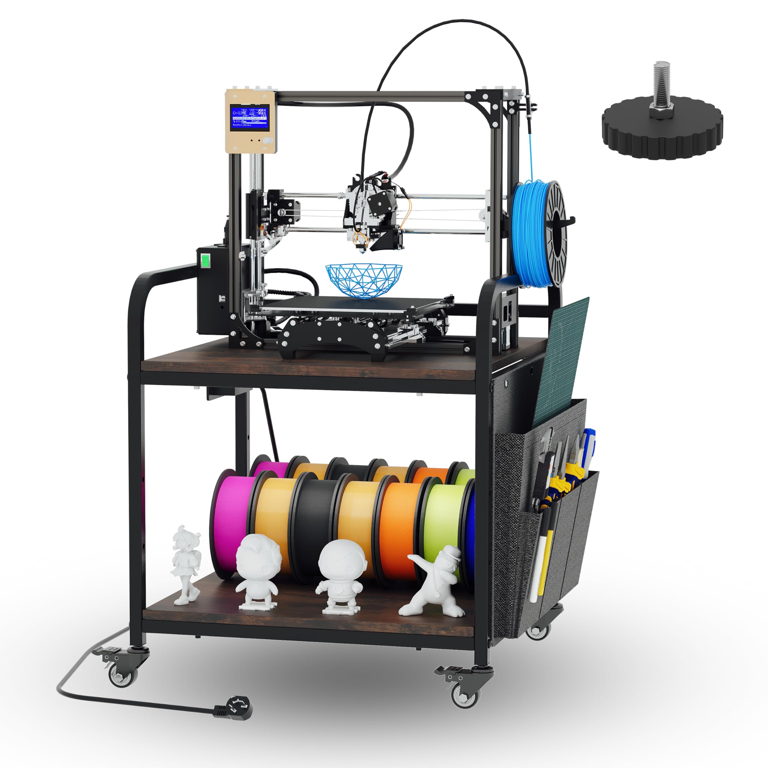 RoleDec Heavy Duty 3D Printer Stand for Bambu Lab A1 Mini/FlashForge 5M - Brown Sturdy Workstation with Power Outlet (220 lbs Capacity) - Height