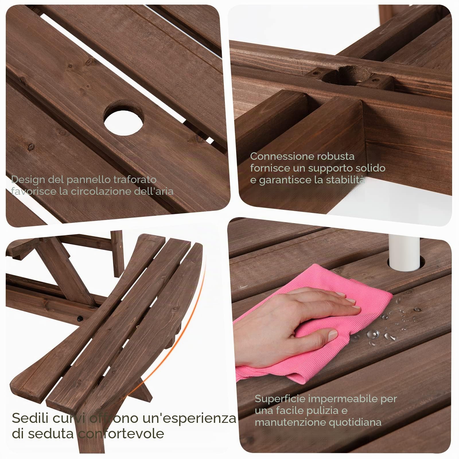 GIANTEX Set di Tavolo e Panche Da Esterno Rontondo in Legno, Set di Mobili da Giardino per 8 Persone con Foro per Ombrellone, Resistente alle Intemperie, 178x178x70 cm