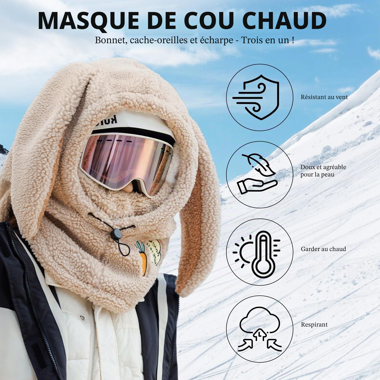 PHOGARY Cagoule d'hiver pour femme, capuche Sherpa masque de ski requin unisexe couvre-visage coupe-vent pour l'hiver capuche thermique pour femme