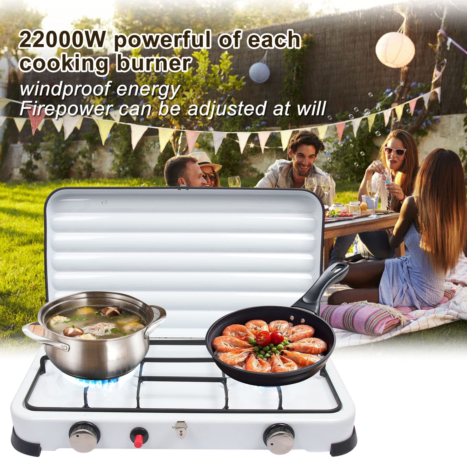 Rechaud Gaz 2 Feux Portable, 4.4KW Réchaud Gaz-GPL Camping Auto-Ignition pour Extérieur avec Tuyaux 150 cm et Régulateur de 37 mbar, Réchaud Gaz Couvercle Détachable