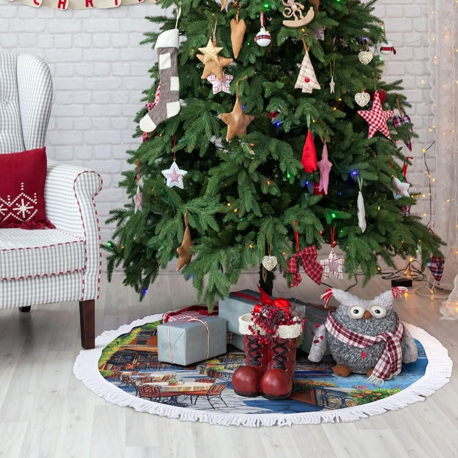 Italy Seaside Town Christmas Tree Skirt Round Xmas Tree Mat Ornaments Tree Skirts with Tassels for Holiday Party
