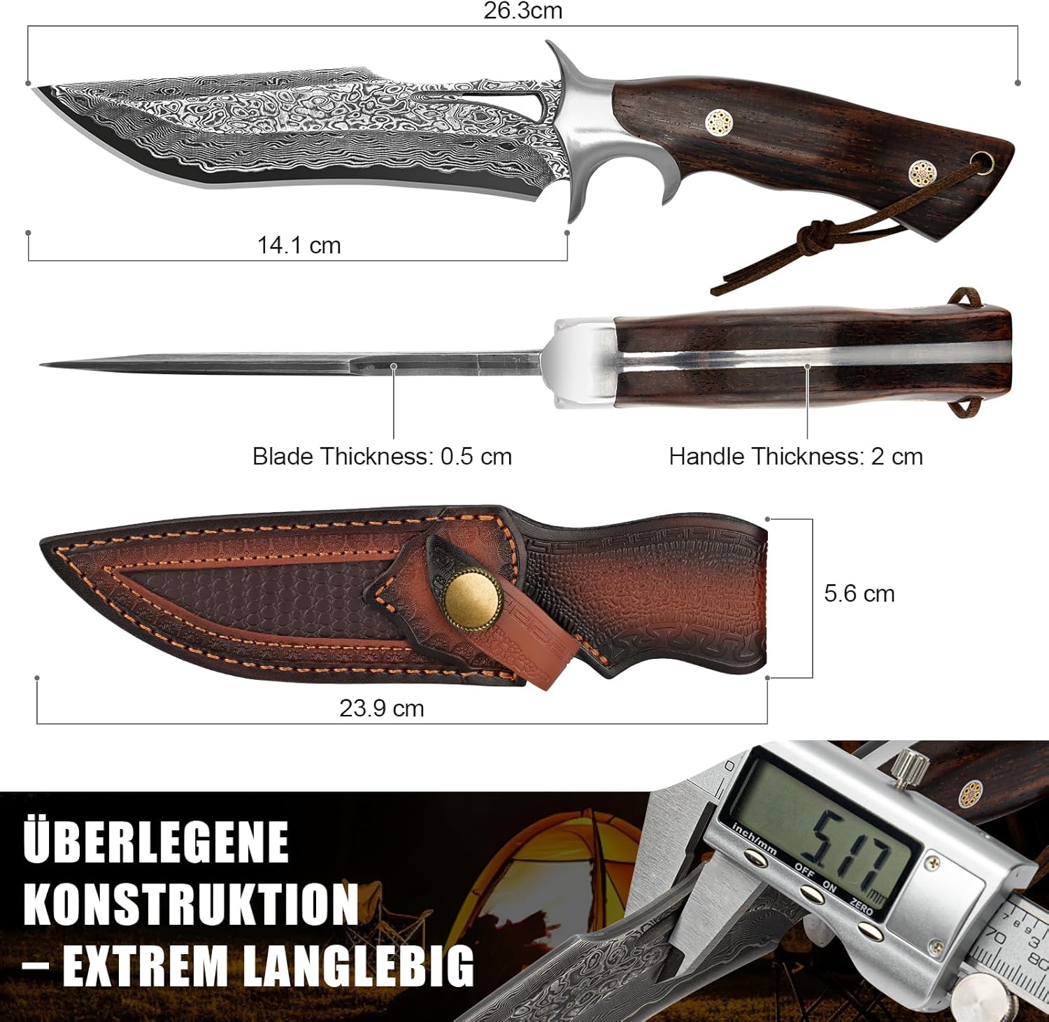 Damascus Hunting Knife, 10.4" Handmade Bowie Knife with Sheath, Real Damascus Steel Knives with VG10 Core &Wood Handle, Fixed Blade Knives for men women, Tactical, Survival, Camping, Gifts for Men Women