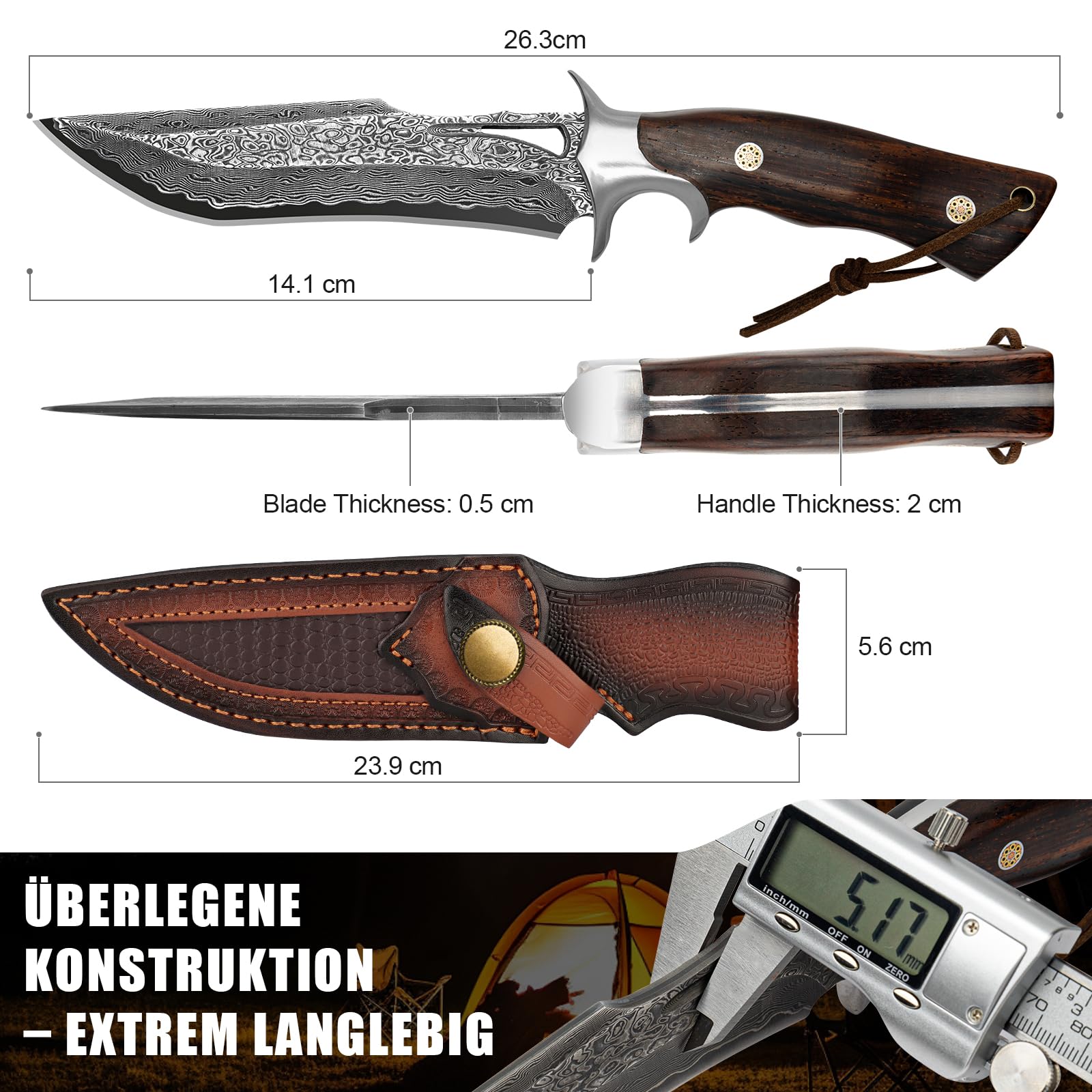 Damast Jagdmesser 26,4 cm, VG10 Feststehendes Bowie Survivalmesser | 67-lagiger Handgefertigter Damaszenerstahl mit Holzgriff und Echtlederscheide für Outdoor Bushcraft
