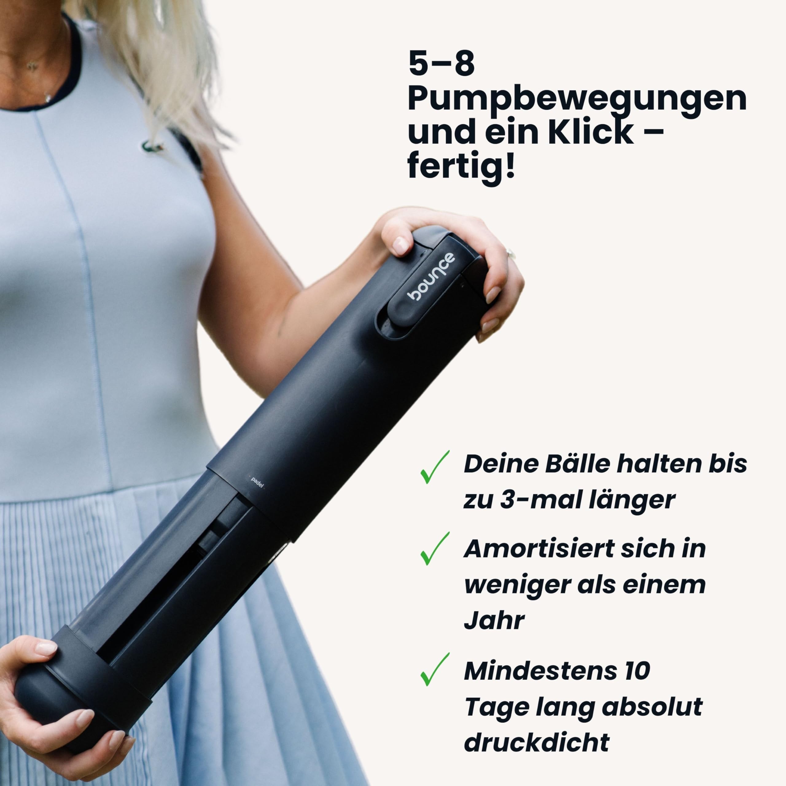Bounce Tube – Druckminderer für Padel- und Tennisbälle – Lebensdauer x3 – Rückprall erhalten – integrierte Pumpe