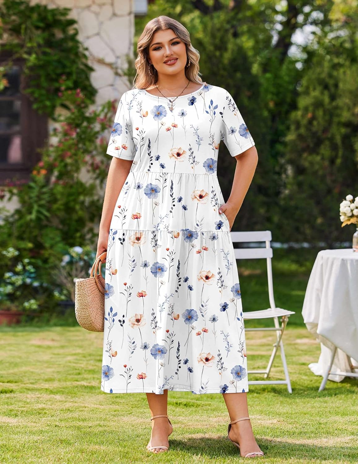 IN'VOLAND Plus Size Casual Dress for Women Bohemian Short Sleeve Flowy Loose Maxi Summer Beach Swing Dresses with Pockets - Image 3