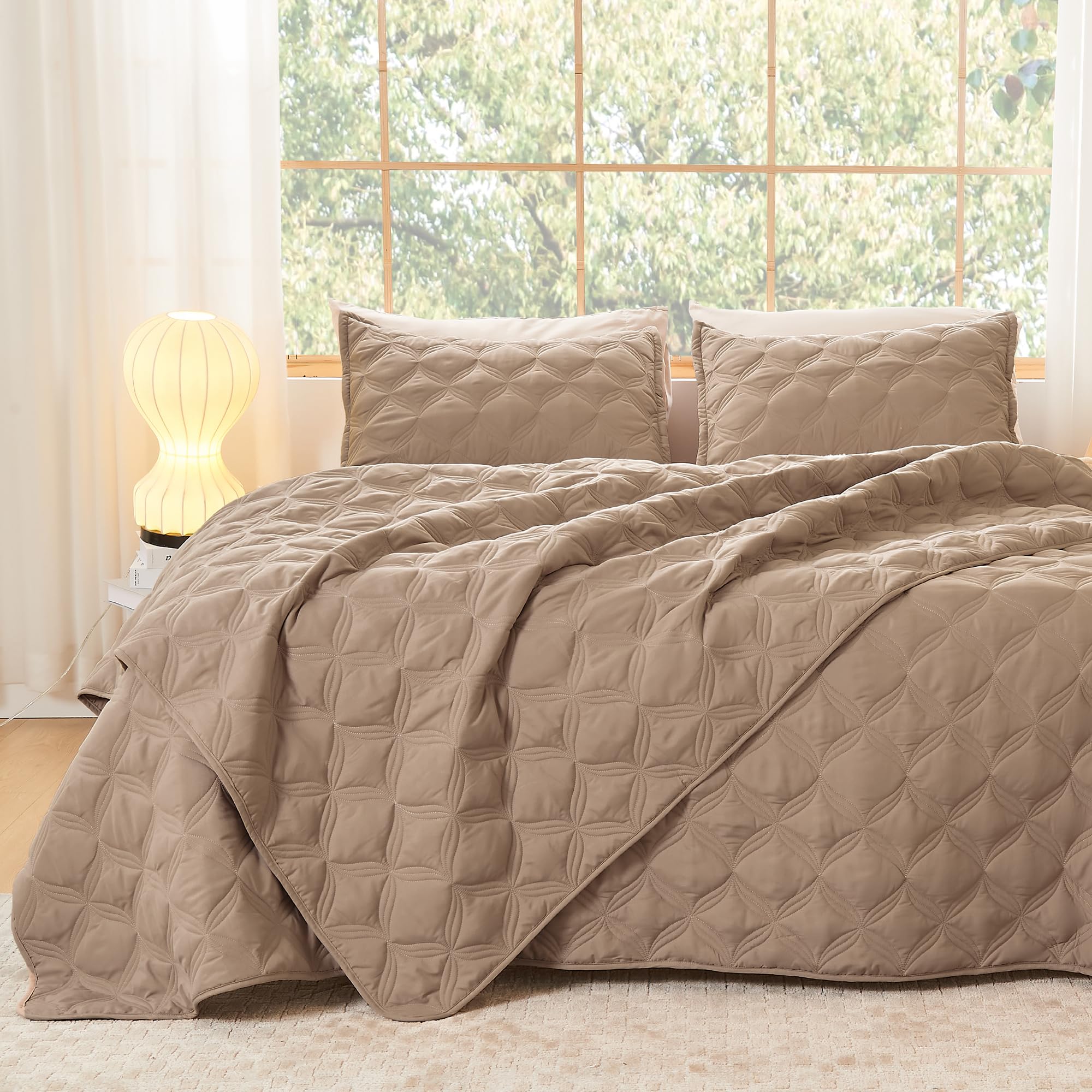 Litanika Oversized King Quilt Bedding Set, 128x120 Inch Super King Taupe Comforter Bedspreads Lightweight Bed Coverlets Boho Bedding Cover Decor All Season,3 Pieces (1 Quilt, 2 Pillowcases) โ image 1