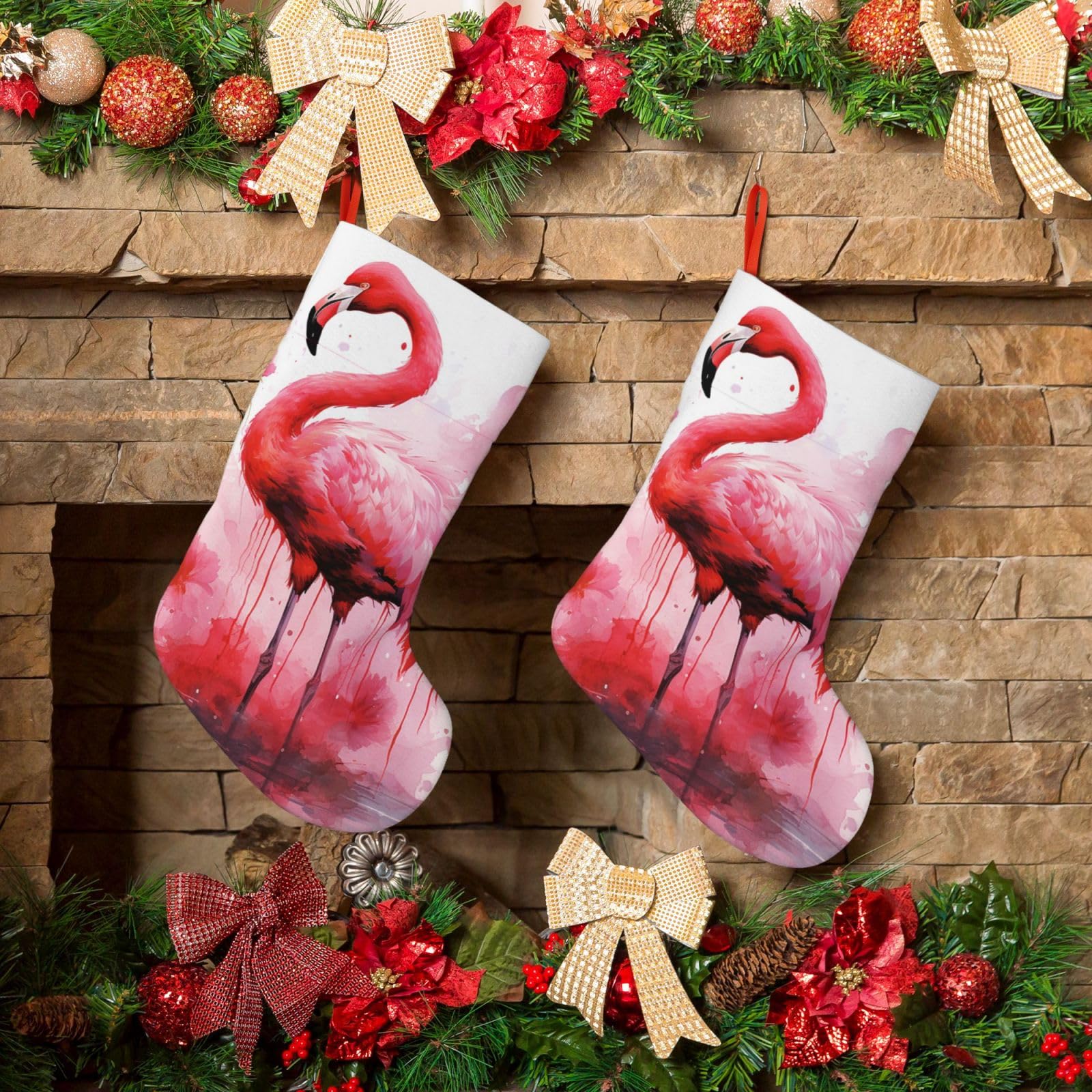 KLOPH Christmas Stockings 18" Personalized Xmas Stocking Flamingo Watercolor Decoration Stockings Hanging Ornaments Fireplace Stocking for Holiday Xmas Tree Christmas Decor