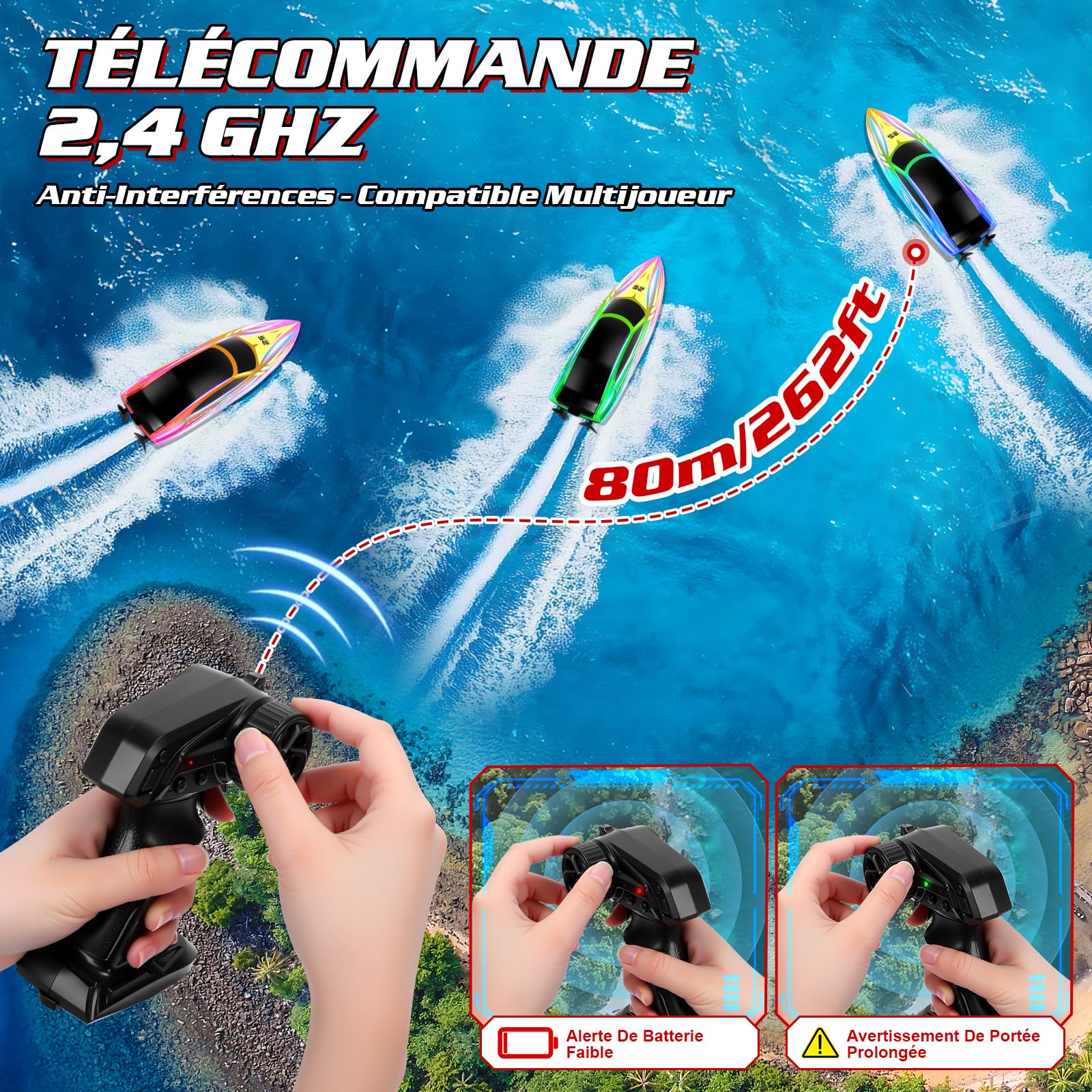 FORMIZON Bateau Télécommandé, 15km/h Bateau RC avec 7 Modes Lumières LED, 2.4GHZ Bateau Telecommandé Enfant pour Piscine et Lacs, Speedboat De Course RC autonomie 120 Minutes (Rouge)