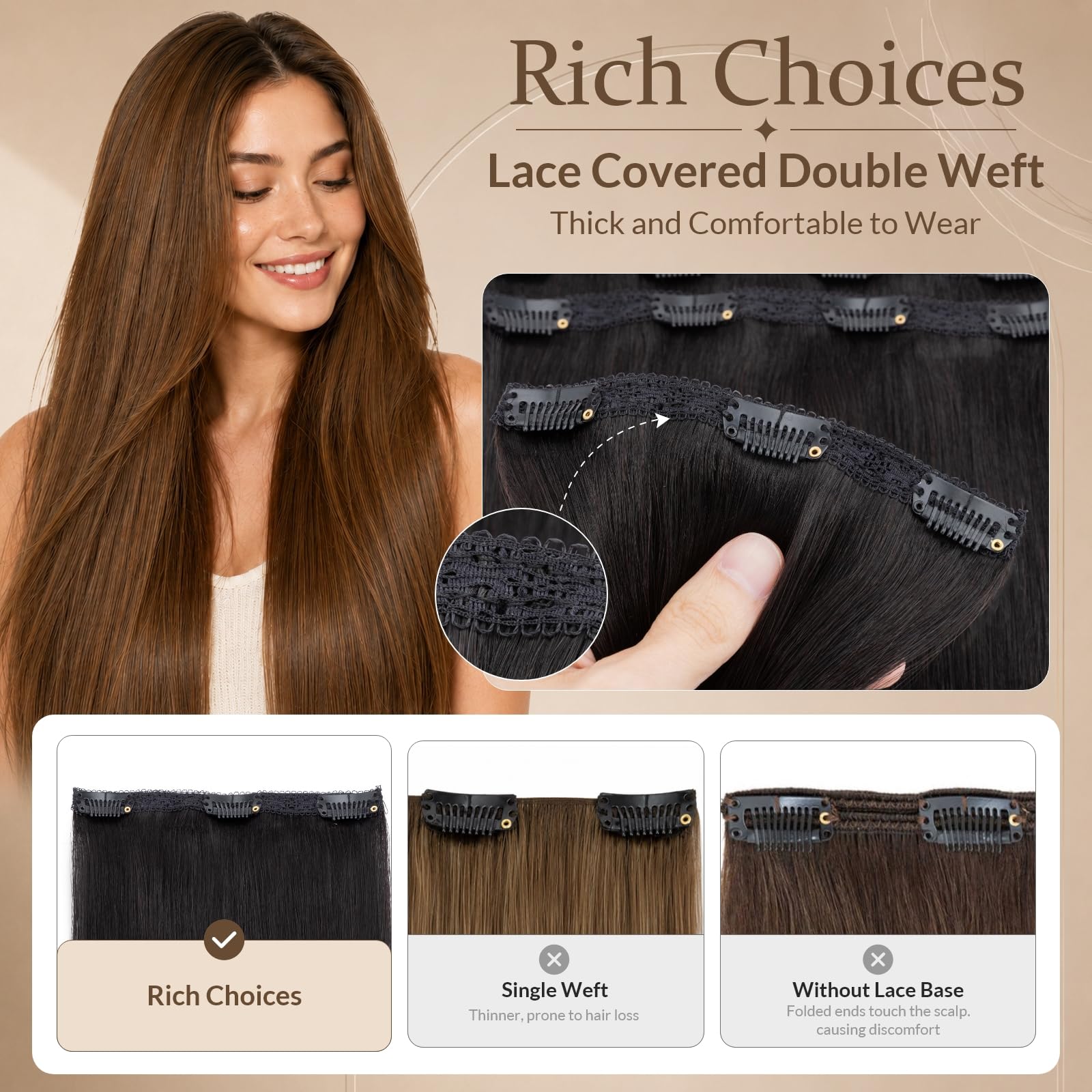 Rich Choices Clip in Extensions Echthaar 3pcs Clip in Haarextension Haarteil Haarverlängerung Echthaar Extensions Clip Remy Human Hair 55cm 86g #1B Natürliches Schwarz Extensions