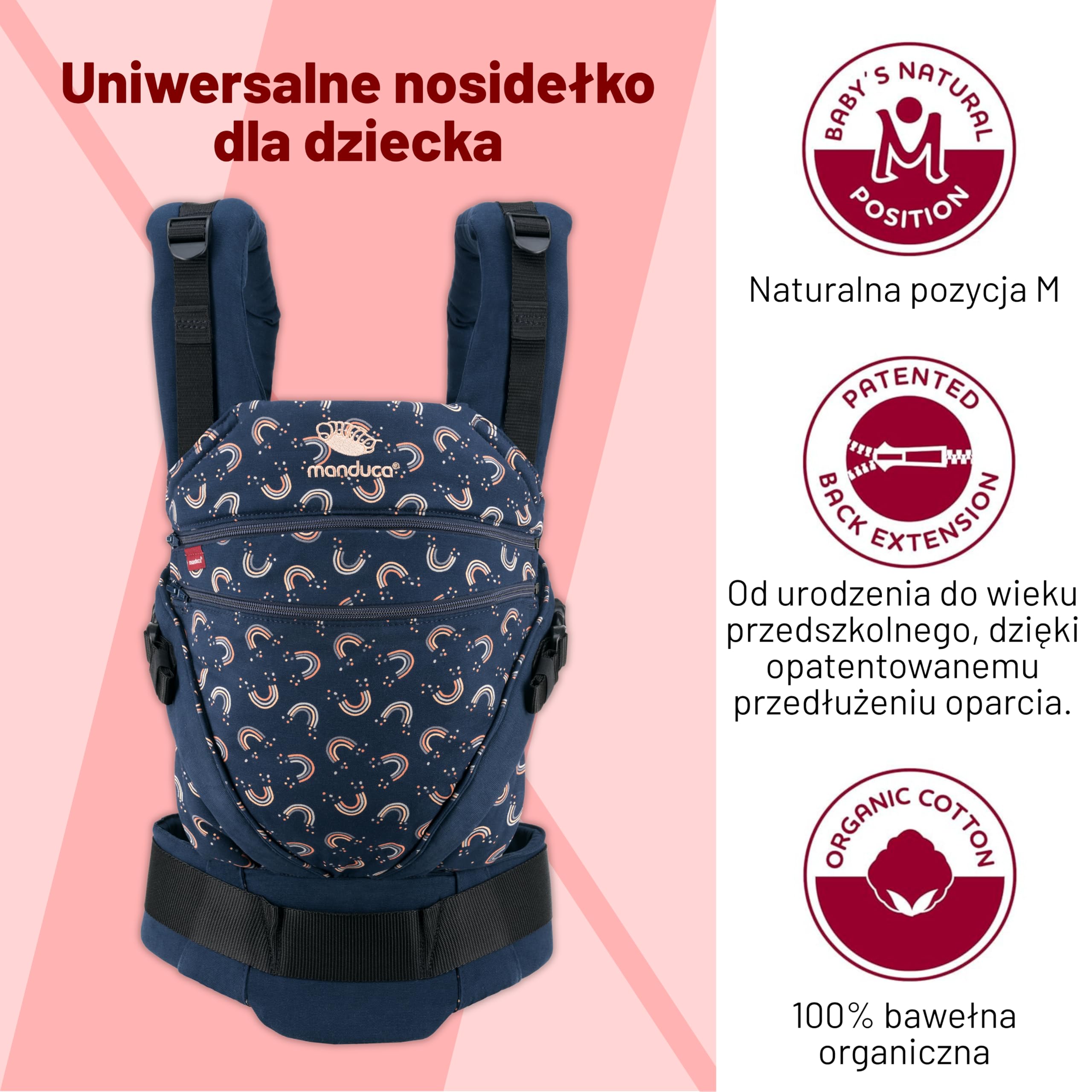 manduca Nosidełko dla niemowląt XT – All-In-One nosidełko dla noworodków od 3,5 kg i małych dzieci do 20 kg – ergonomiczne nosidełko dziecięce z regulowanym mostkiem – rozmiar uniwersalny, Rainbow
