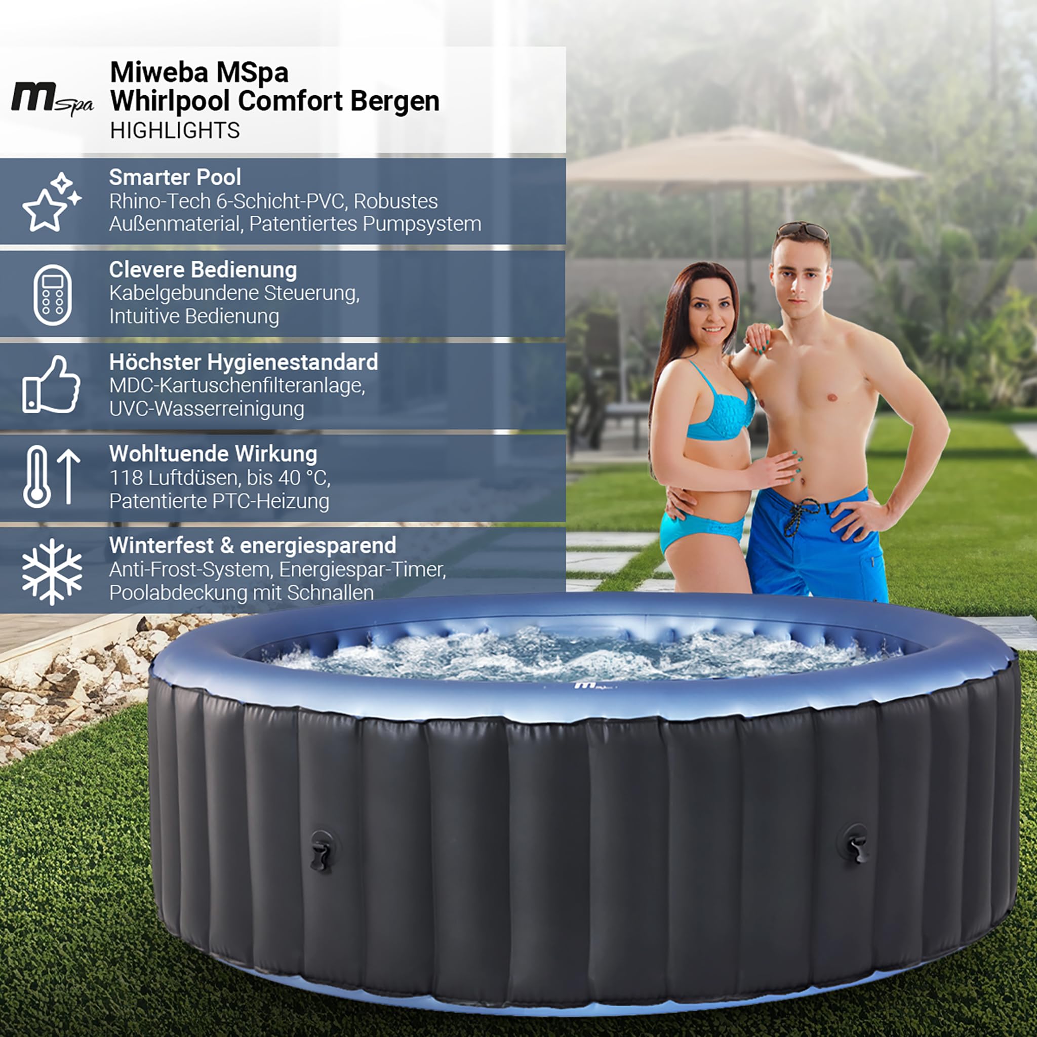 Miweba Whirlpool MSpa | 2-8 Personen Pools | viele Modelle rund und eckig | Ø 125-224 cm | In- Outdoor Pool | bis zu 144 Massagedüsen | ganzjähriger Einsatz Winterfest (Bergen 4 Personen)