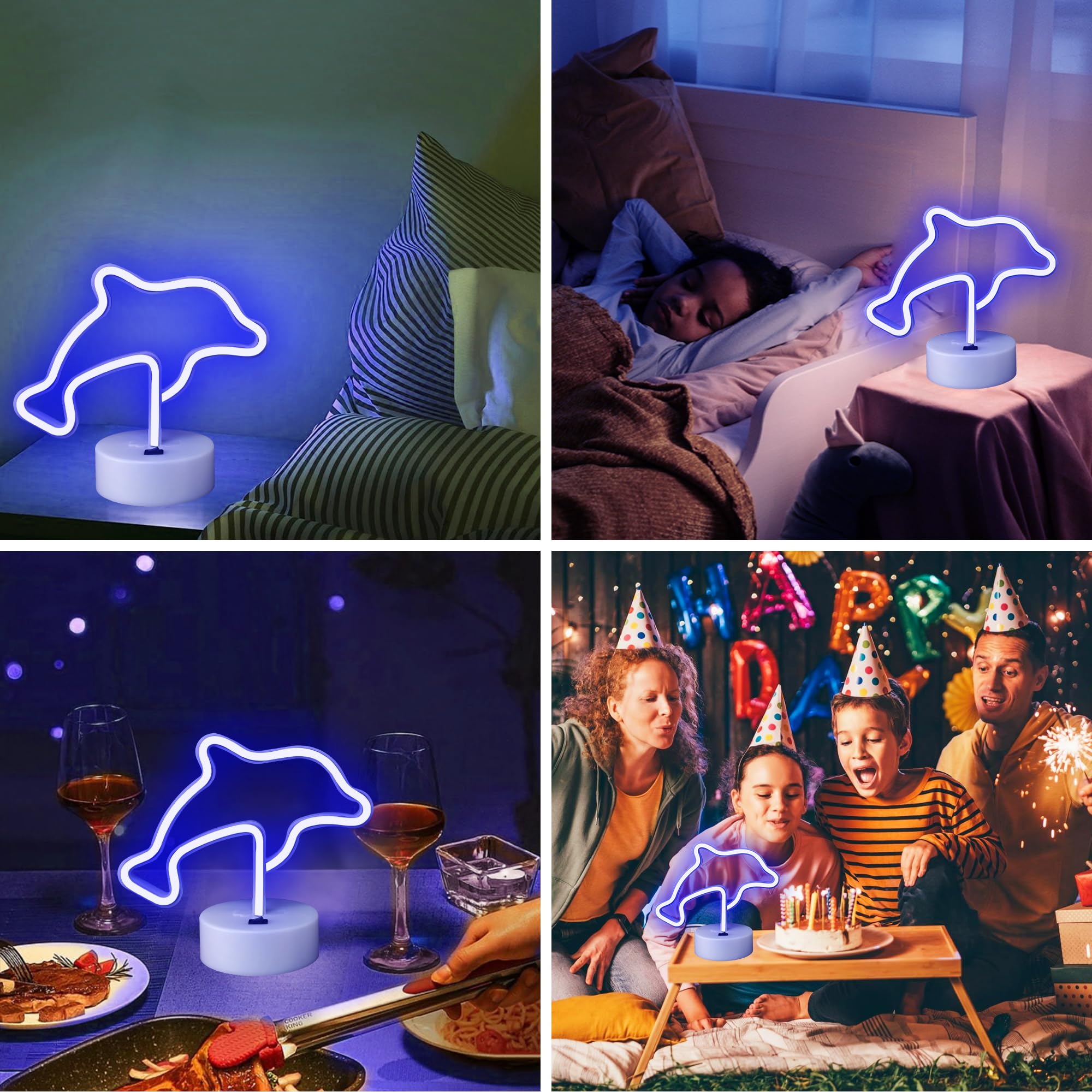 Segno al Neon LED, Segno Luminoso al Neon LED a Forma di Delfini Blu con Base di Supporto, Segno al Neon LED Alimentato a USB o a Batteria per Decorazioni da Festa in Camera, Matrimonio, Compleanno