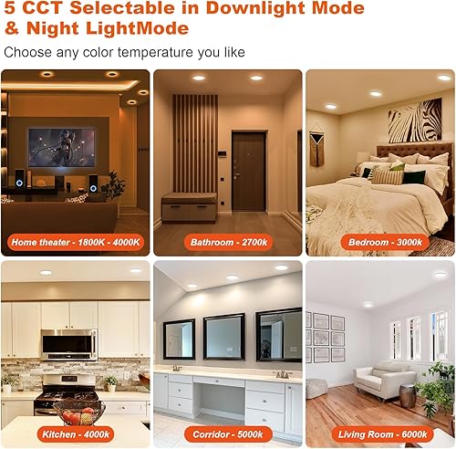 Miniatura 5 de ZYC Canless - Iluminación LED empotrable de 4 pulgadas, paquete de 6 luces descendentes ultrafinas de 5CCT con modo de luz nocturna, 9 W, 800 lm,