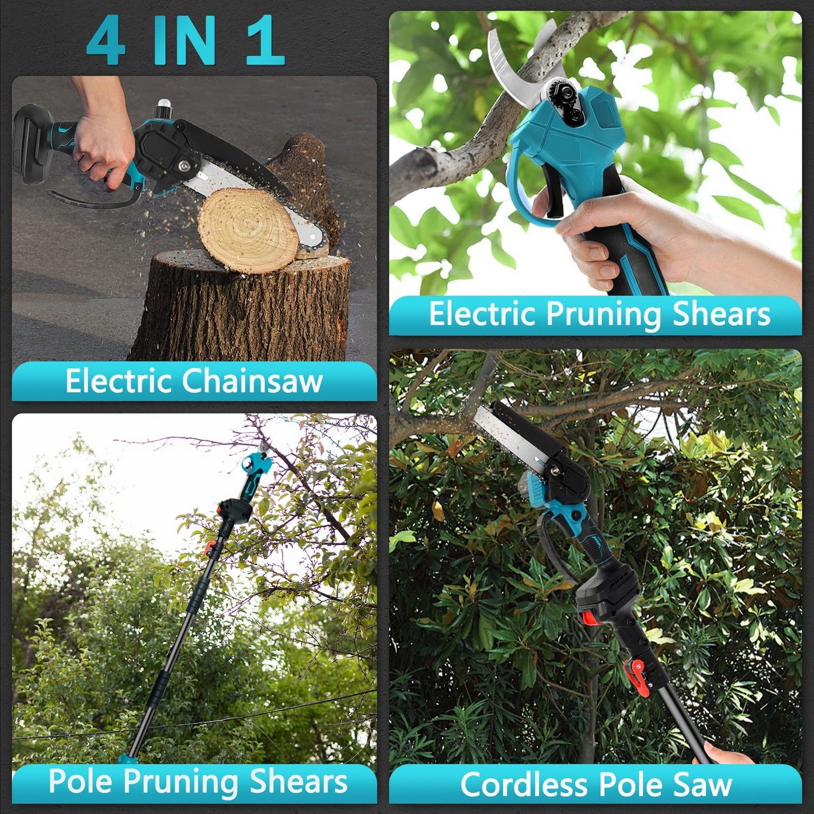 Juego de podadora eléctrica telescópica y minisierra de cadena de 6 pulgadas con batería, 2 2000 mAh, barra telescópica ajustable (1,1-1,7 m) para podar árboles, jardinería