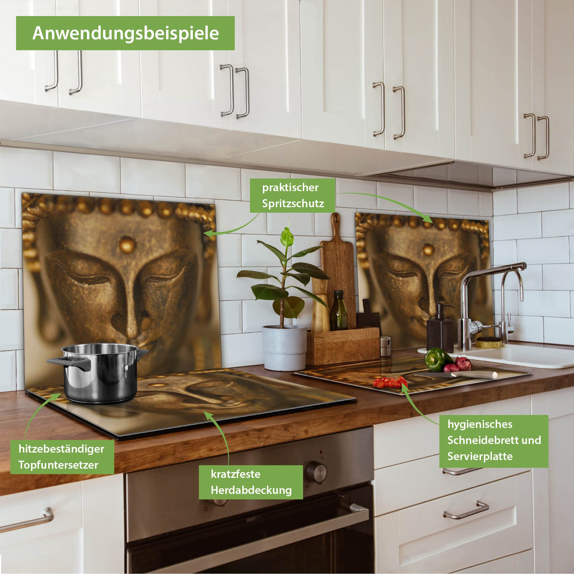 banjado Herdabdeckplatte Glas einteilig 60x52cm - Schneidebrett Herdabdeckung - Herdabdeckplatten Ceranfeld - Schneidebrett Glas - Motiv Buddha Gold