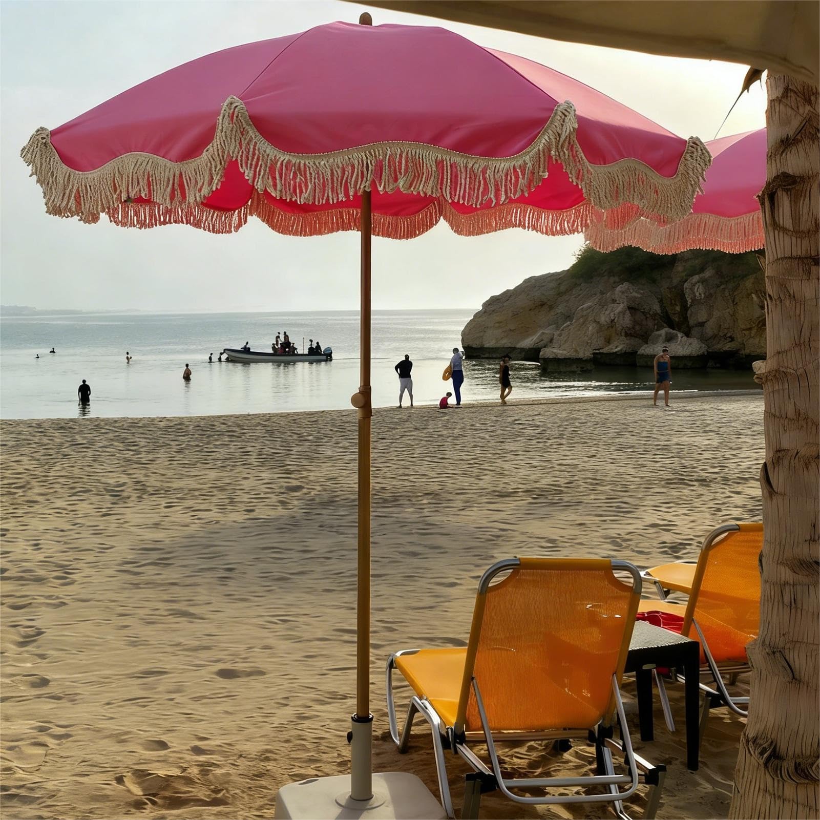 Parasol Ogrodowy Boho 200 cm z Frędzlami, Parasol Tarasowy z Frędzlami UPF 50+, z Regulacją Nachylenia, Wodoodporny na Taras Plażę