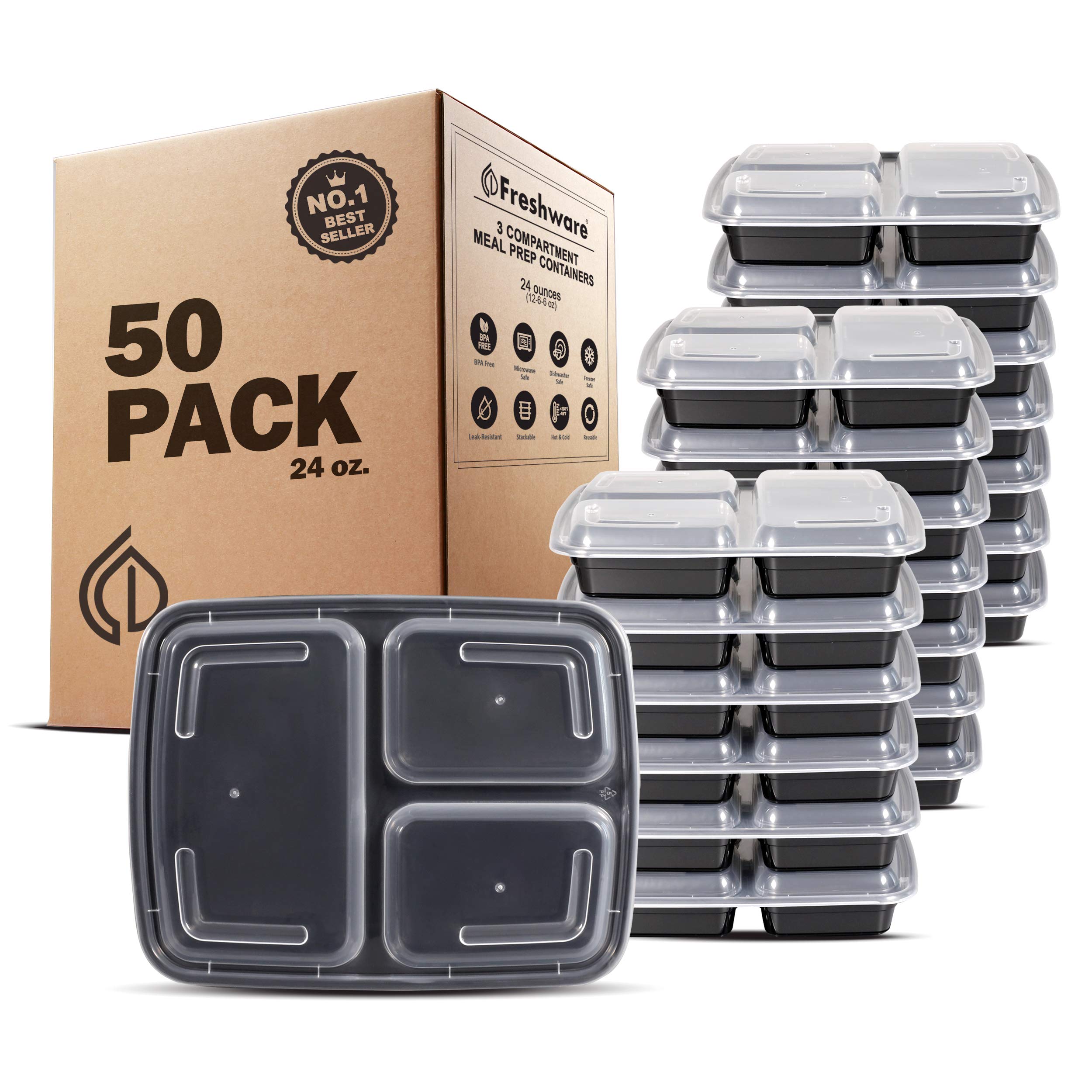 FreshwareBento Box Meal Prep Containers, 3-Compartment, 50-Pack, 24 ounce
