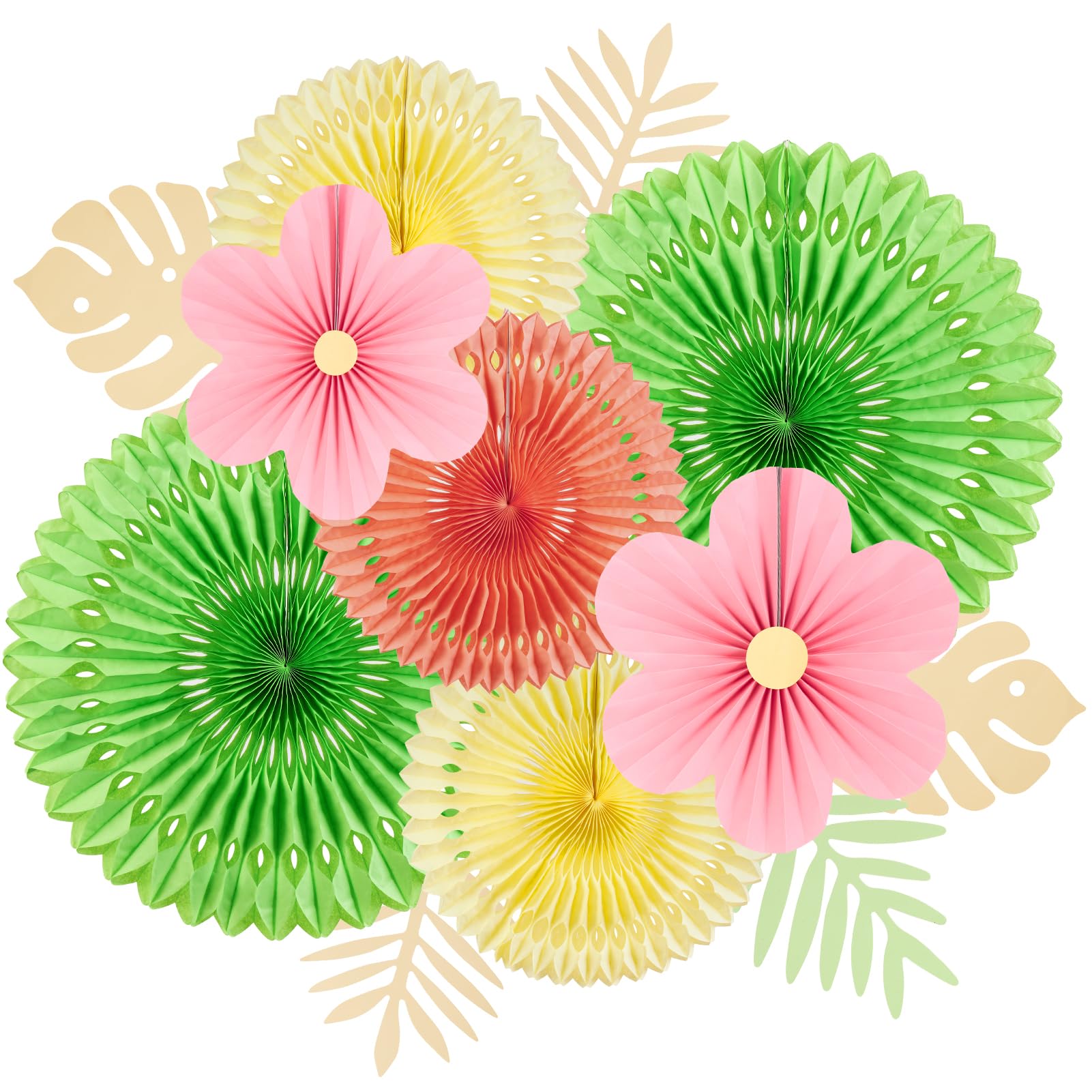 SUNBEAUTY Paper Flowers Pink and Green Party Decorations Hanging Fans Spring Summer Decor for Wall Wedding Backdrop Bridal Shower Birthday - 9Pcs