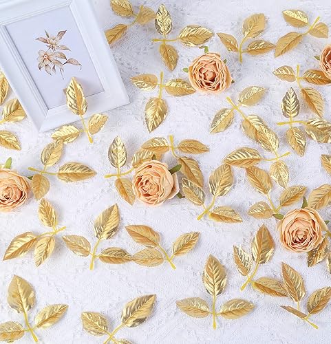 Miniatura 5 de INSUNSIX Hojas falsas para decoración de rosas 100 hojas de rosa verdes a granel con tallos para ramos de boda centros de mesa decoraciones de