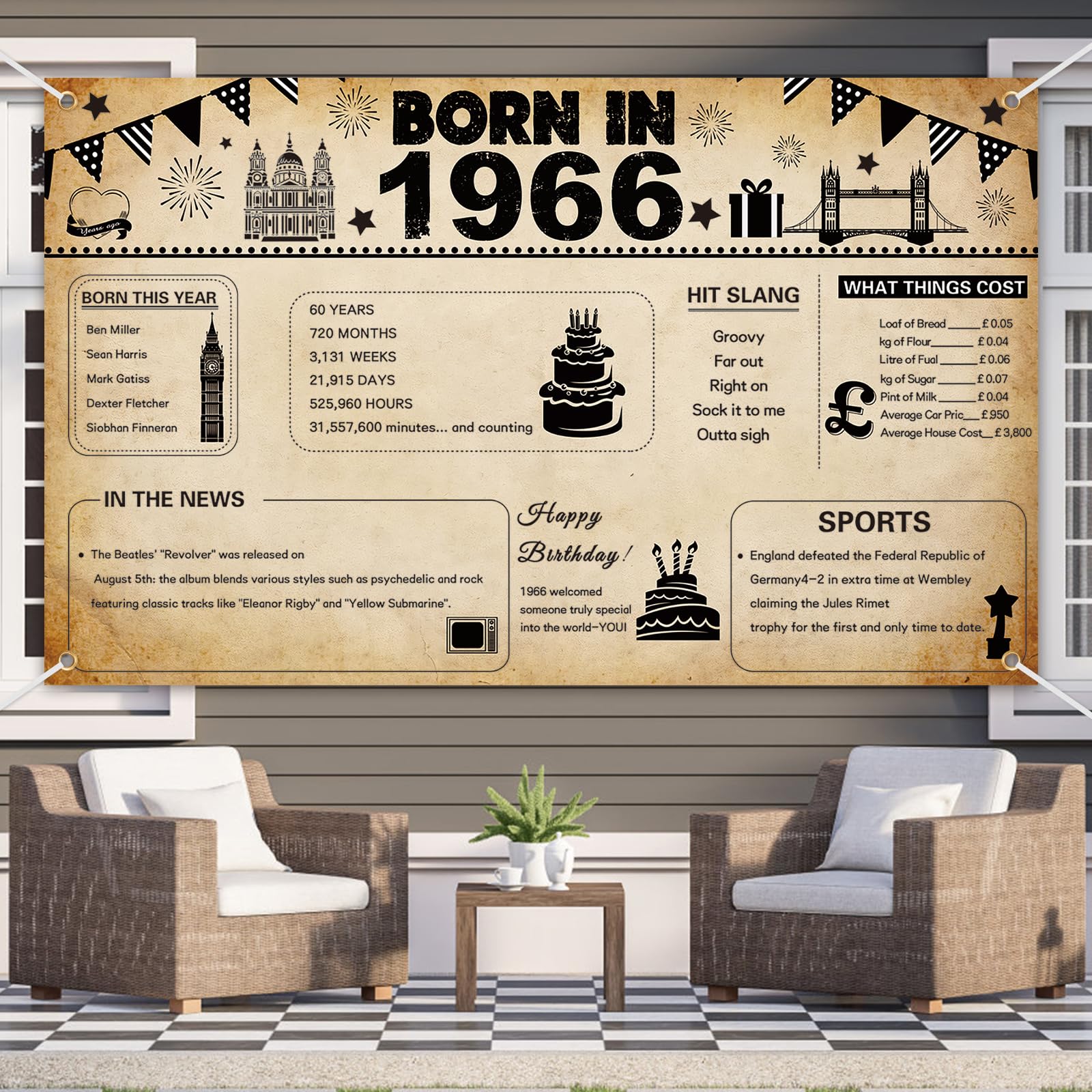 60th Birthday Banner for Men Women, Born in 1966 Happy Birthday Banner