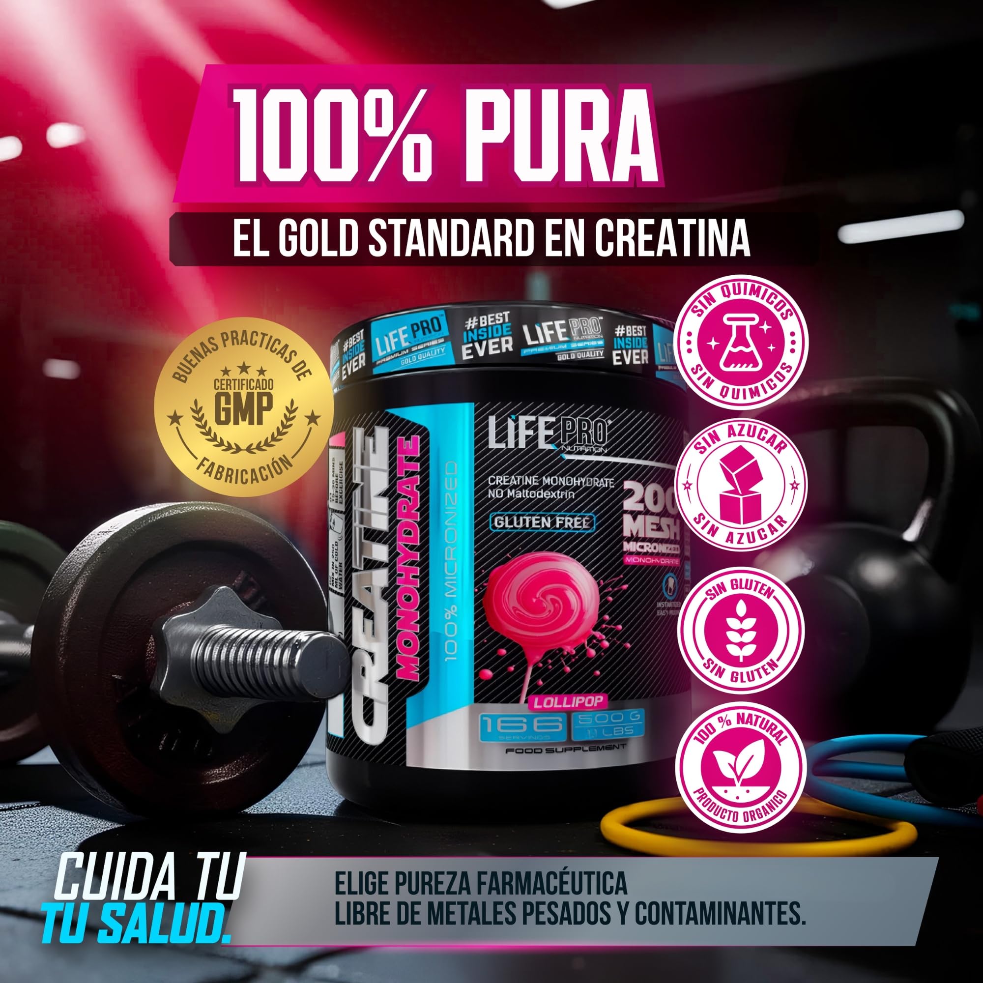 Life Pro Creatina Monohidratada 200 Mesh Micronizada, Creatina Polvo con 99.9% Pureza, Aumenta Resistencia y Fuerza, Absorción Rápida, Entrenamiento y Rendimiento Deportivo (500g, Lollipop)