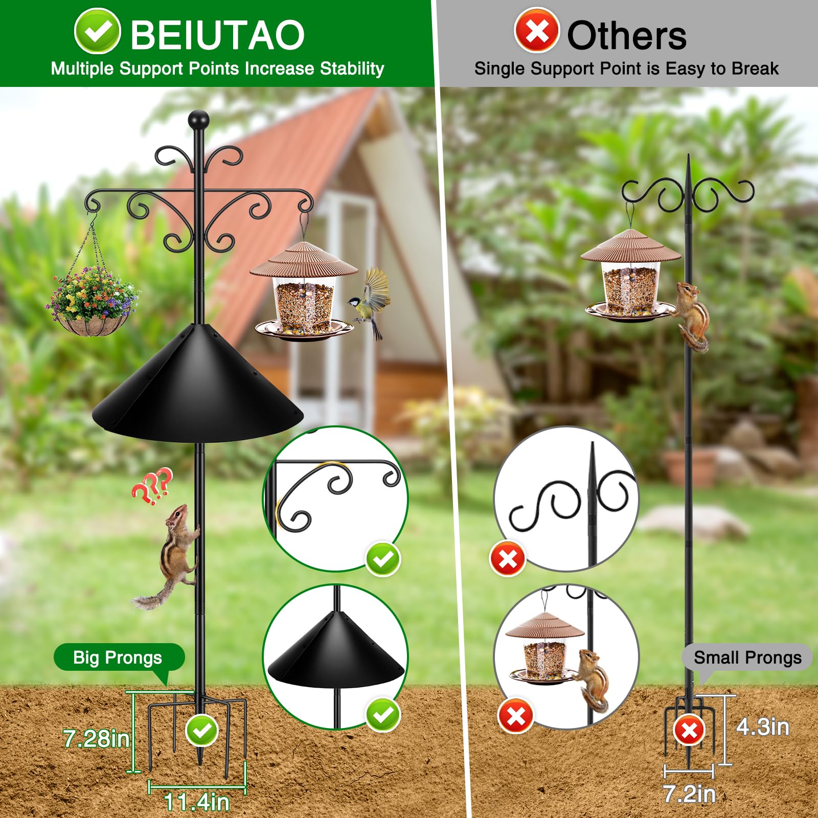 BEIUTAO Bird Feeder Pole for Outdoors Heavy Duty Squirrel Proof, 2 Pack 108 Inch Adjustable Tall Shepherds Hooks for Outdoor with 5 Prongs Base, Double Shepherd Hooks (2 Pack Black, 108 Inch)