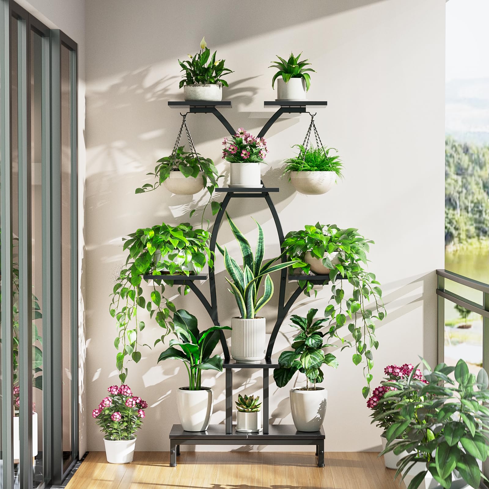 Mutool - Soporte para plantas de interior con luces de crecimiento, estante alto de 163 cm para exhibición de flores, soporte de esquina que ahorra espacio para decoración del hogar, sala de estar