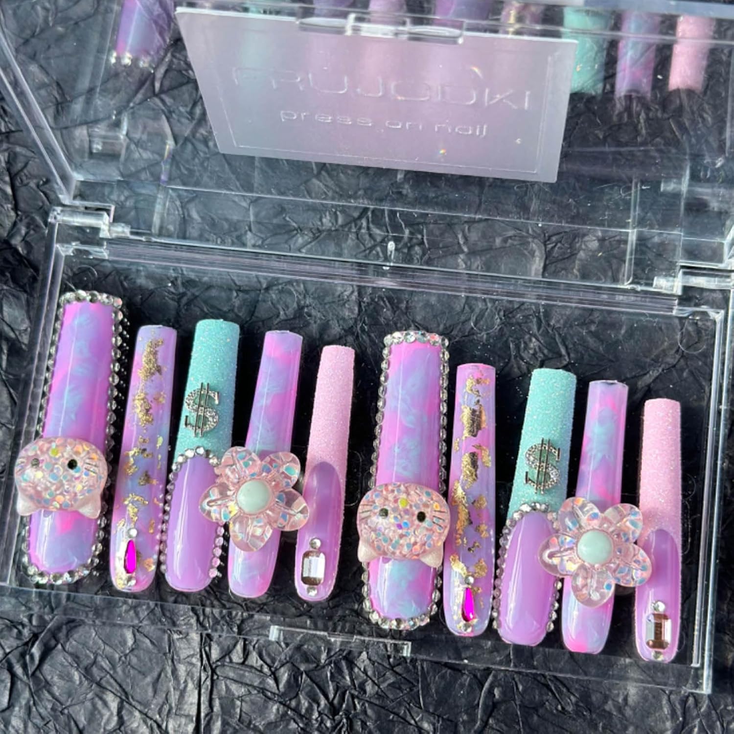 Real Gel Handmade Comics Press On Nails Gems Coffin Fake Nails With Designs Glossy False Nails for Women and Girls (Comics-L)