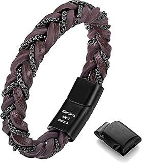 “Shackles of Freedom” Bracelets for Men, Mens Braided Leather Bracelets with Steel Chains and Magnetic Clasp, Stylish Gift for Men