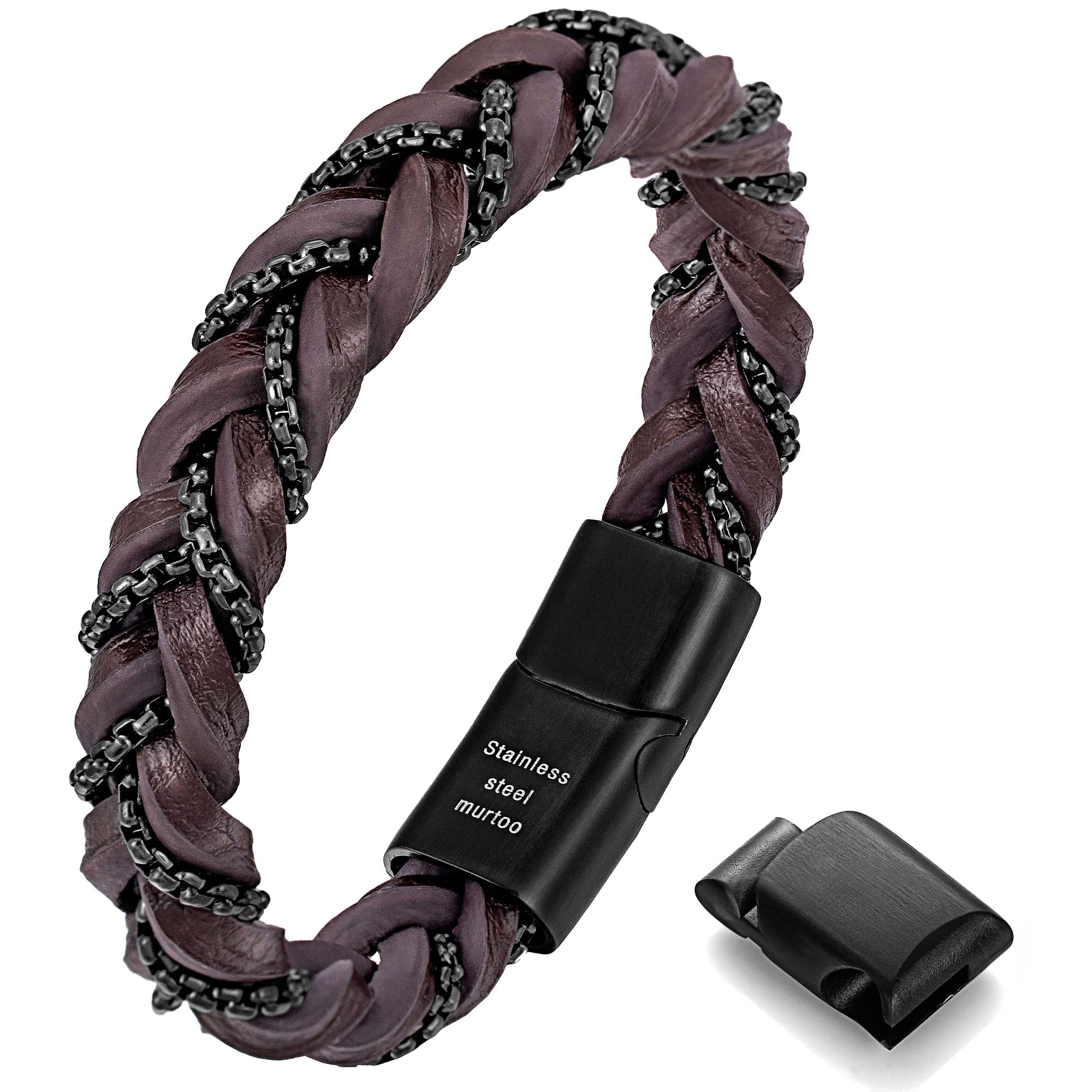 murtoo Bracelets « Manilles de la liberté » pour homme, bracelets en cuir tressé avec chaînes en acier et fermoir magnétique, cadeau élégant pour homme