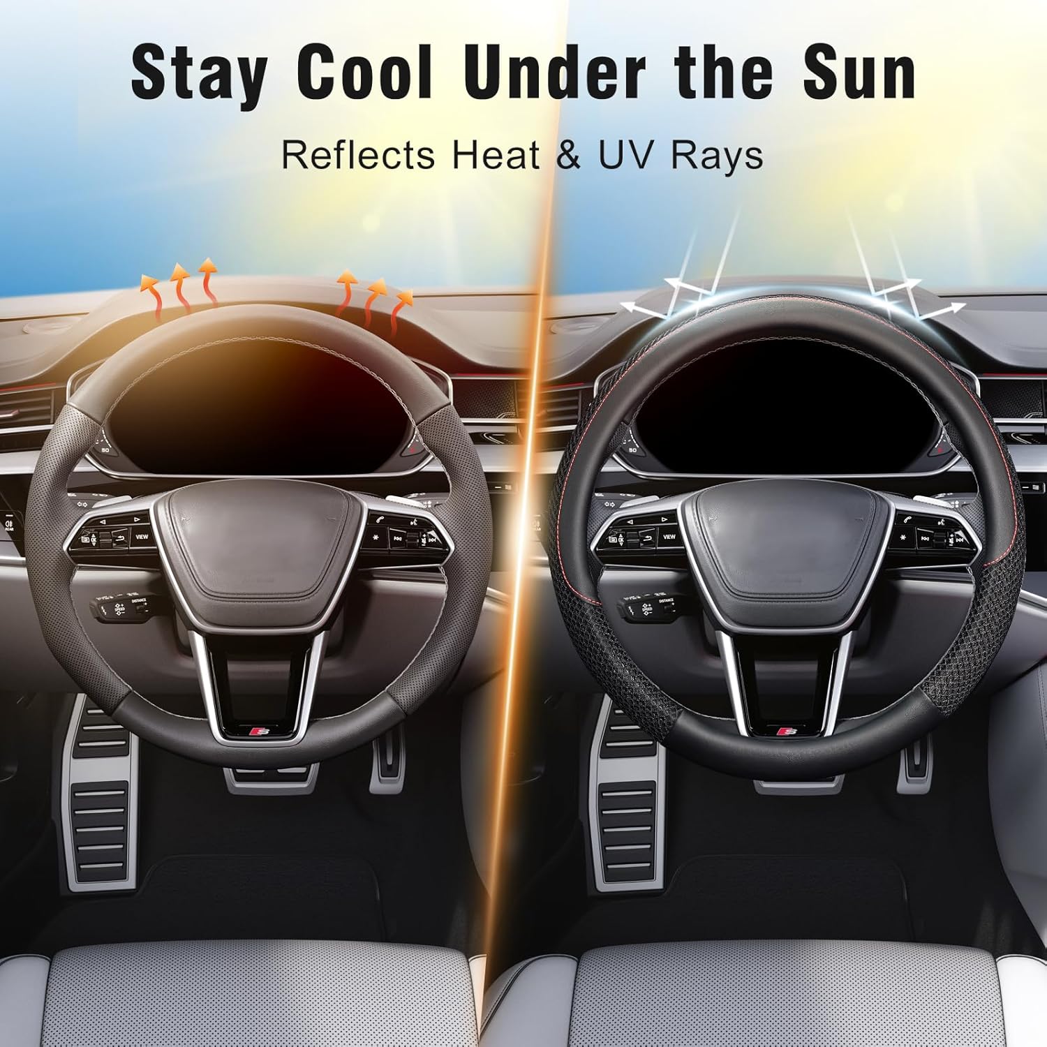 KAFEEK 15 inch Steering Wheel Cover, Cooling Ice Silk Mesh with Microfiber Leather, Ultra Breathable, Anti Slip Car Grip, Heat Resistant Summer Cool, Universal Fit, Black