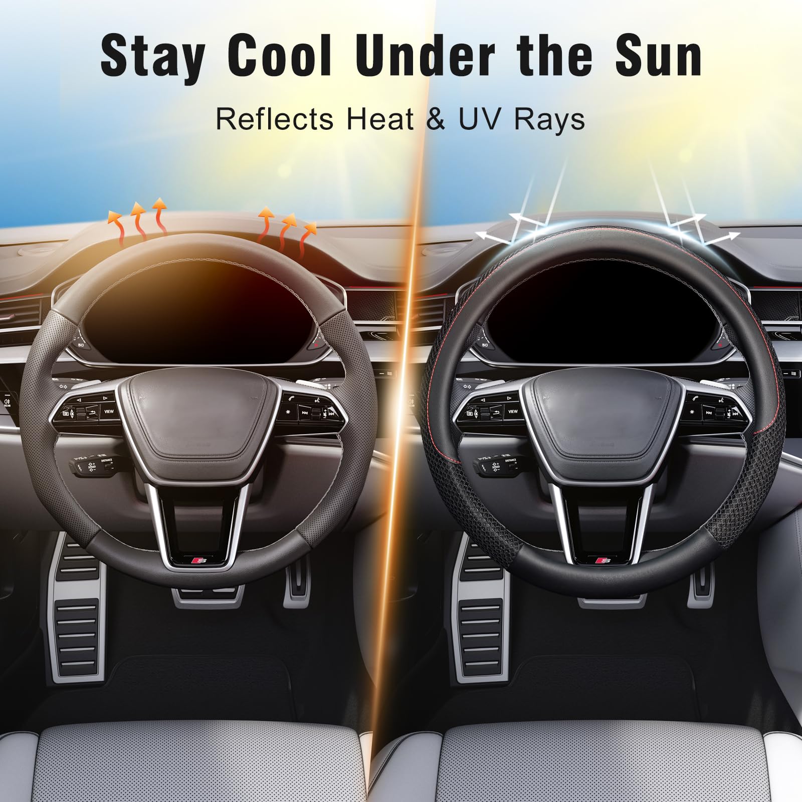 KAFEEK Steering Wheel Cover, Cooling Ice Silk Leather, 15 Inch, Black — Amazon image 4