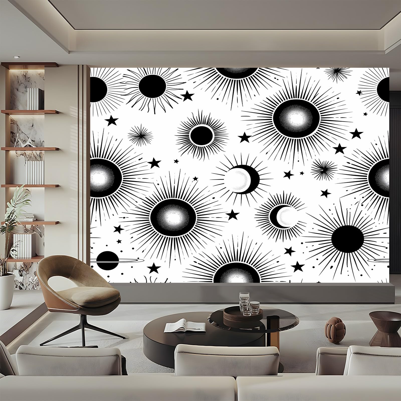 Tapeta ścienna z włókniny abstrakcyjny księżyc, 300 x 210 cm 3D nowoczesny salon sypialnia dekoracja ścienna dekoracja ścienna biała czarna tapeta z włókniny