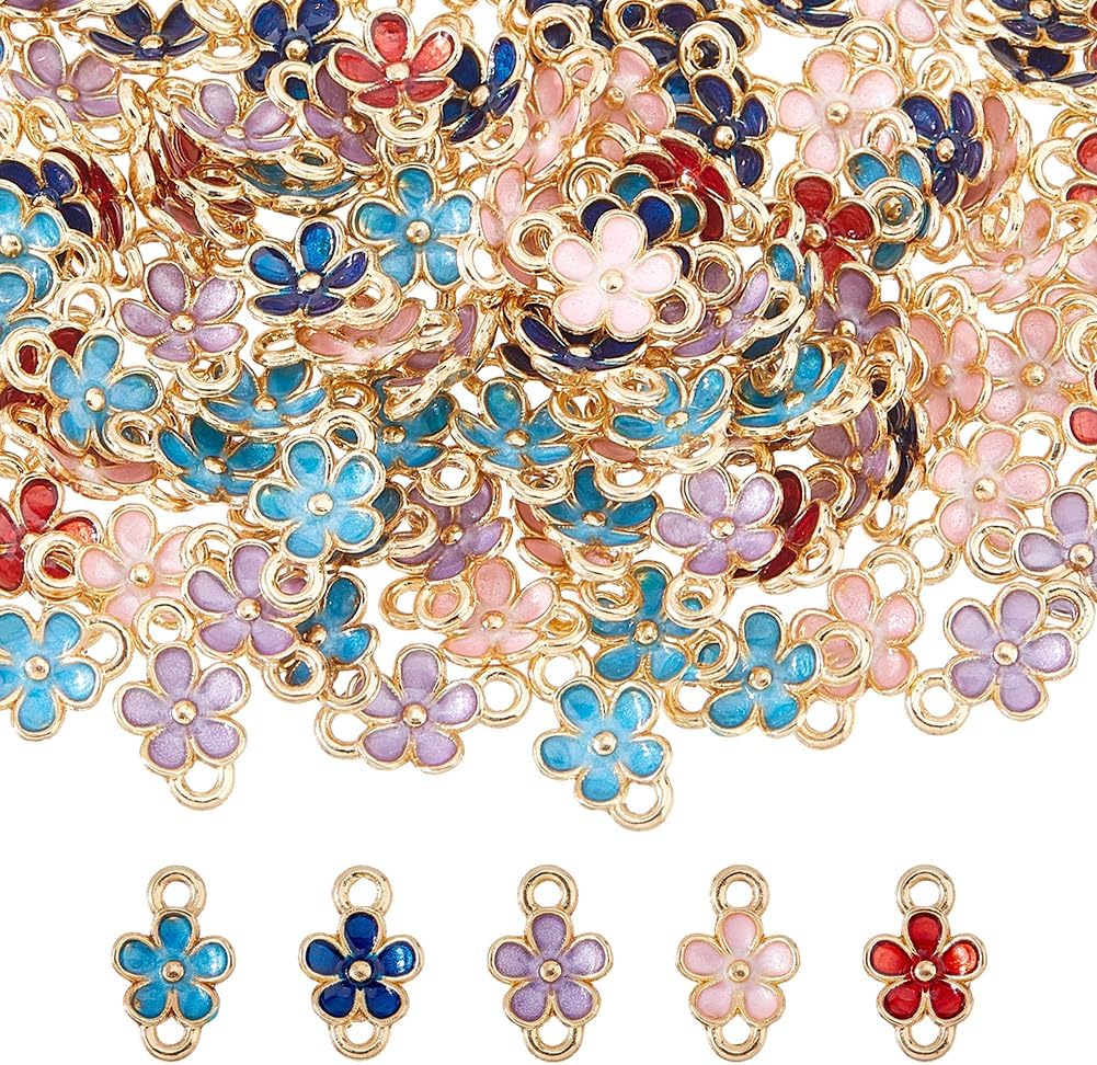 DICOSMETIC 100Pcs 5 Colors Flower Connector Charms Bulk Alloy Enamel Flower Charms with Double Loop Small Floral Links for DIY Crafts Bracelet Necklace Earring Jewelry Making