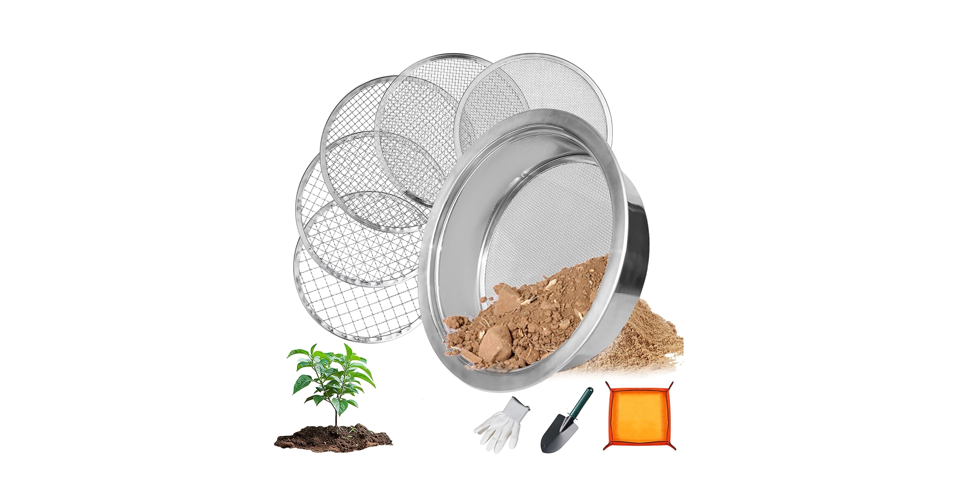 Soil Sifter Stainless Steel Rock Sifter With 5 Replaceable Mesh, Dirt Sifter For Gardening Compost Weed Sand Cat Litter Bonsai With Planting Mat,Shovel,Gloves