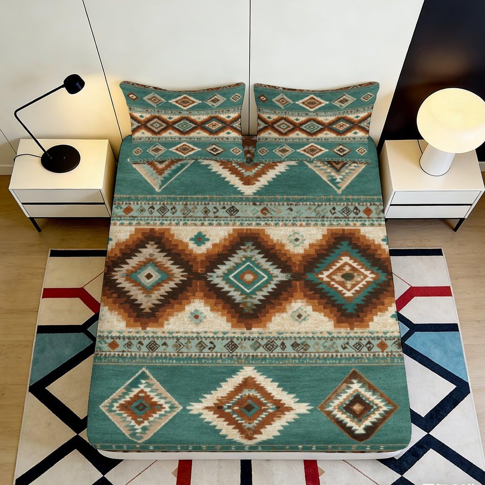3D Printed Ethnic Geometric Fitted Sheet Microfiber Deep Pocket Bedroom Bedding Ethnic Geometric Mattress Fitted Cover 200x200x25cm 90x200x25cm