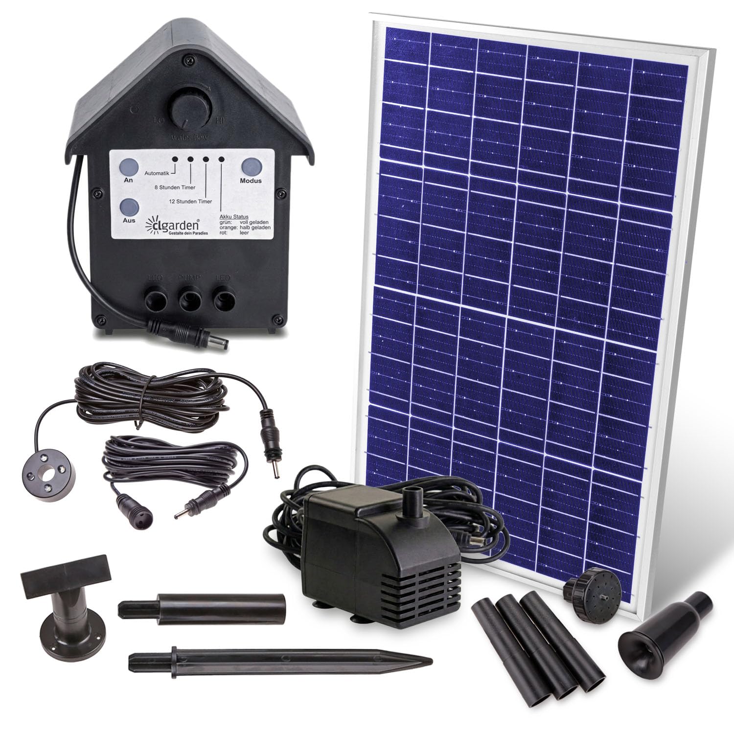 CLGarden NASP5 Solar Teichpumpe mit Akku 1100 l/h Springbrunnenpumpe mit 22W Solarpanel, LED & Timer für Gartenteich, Wasserspiel & Bachlauf