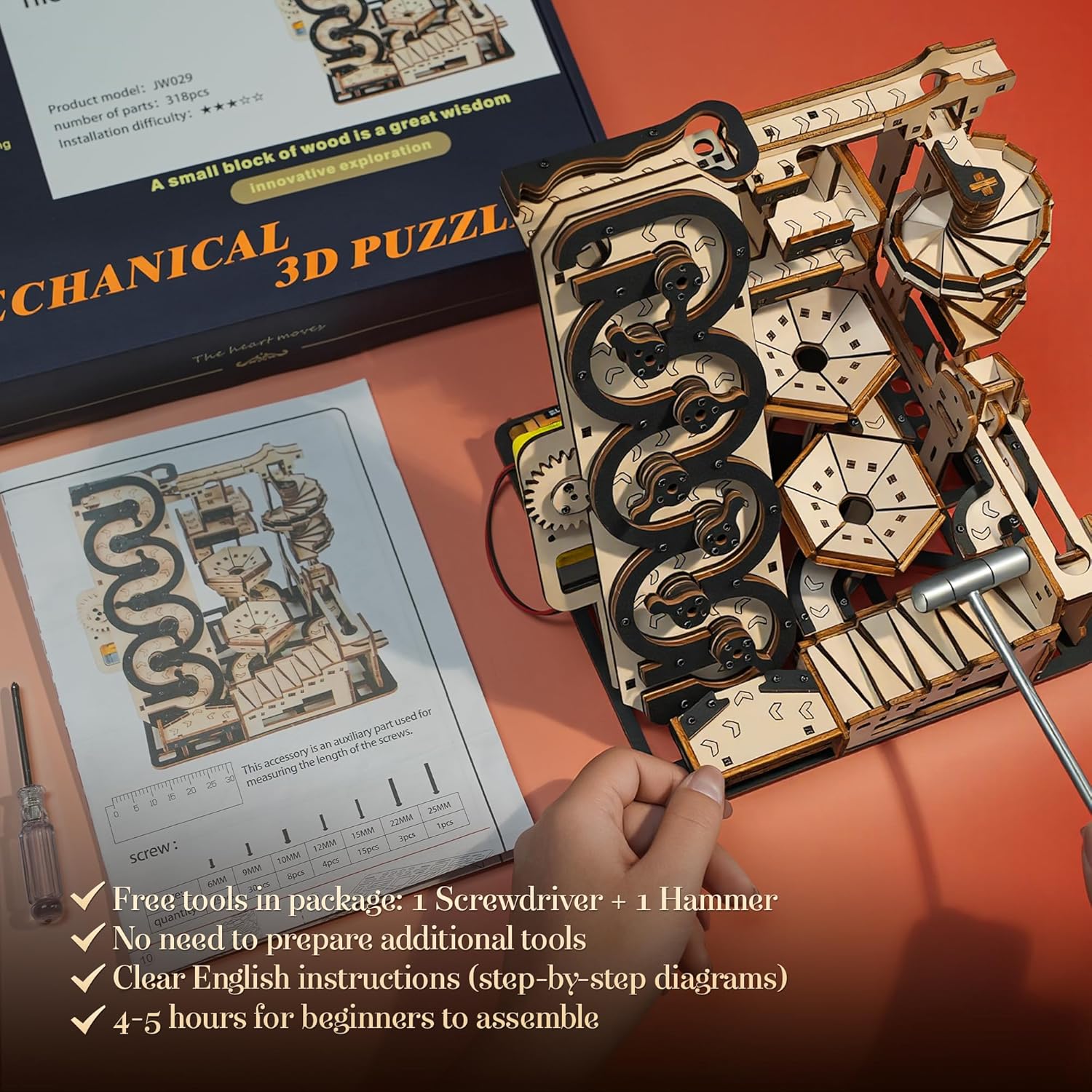 3D Wooden Puzzles for Adults Electric Rolling Ball Maze Kit, Mechanical Kinetic Art Building Set, DIY Brain Teaser Puzzle, Desk Decor for Home Office, Creative Gift for Teens Adults Ages 14+