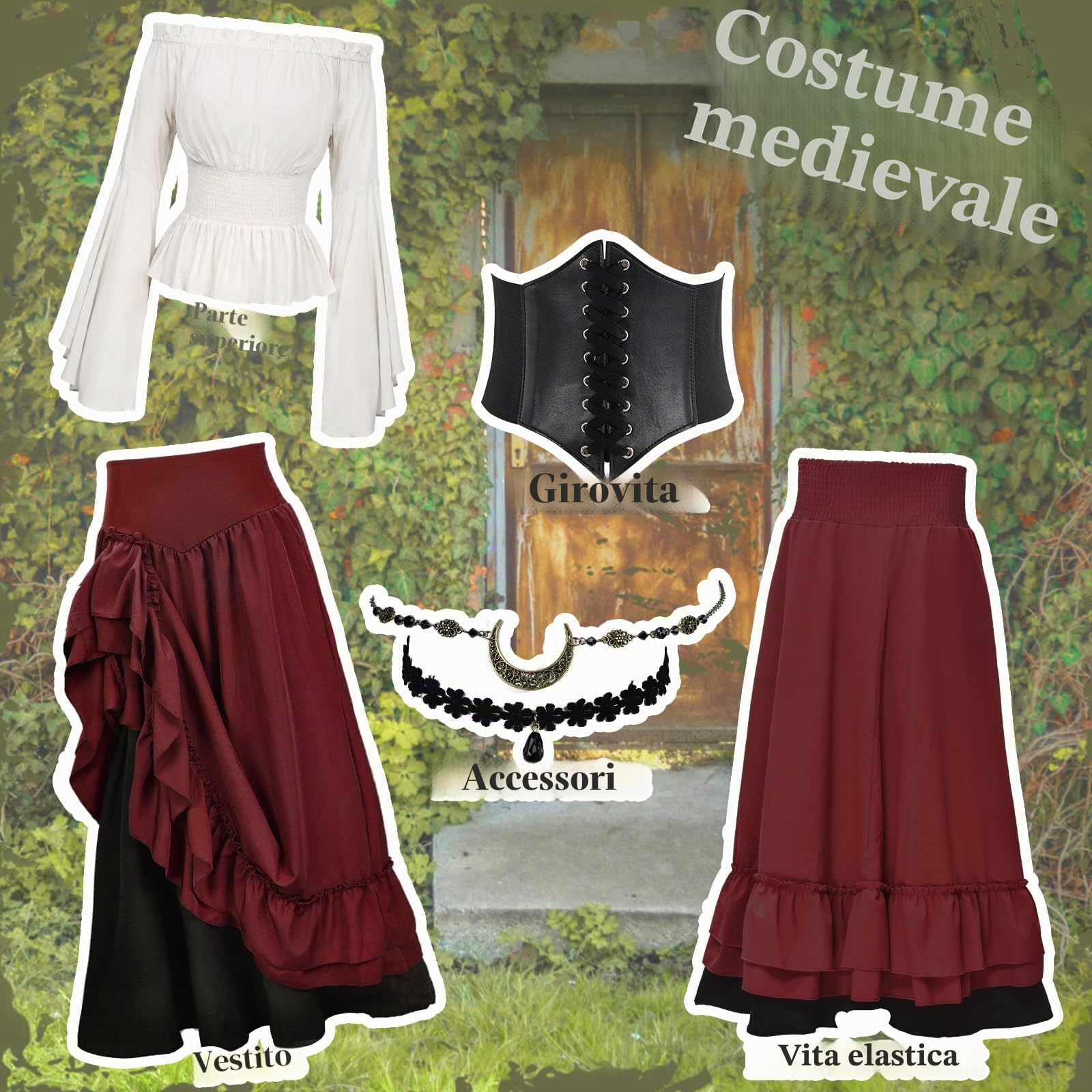 JONRRYIN Abbigliamento Medievale per Donna, Abbigliamento Rinascimentale Vittoriana, Maniche a Tromba Abito Boemia Accessori, Gotico da Palazzo Principessa Abito Carnevale Festa Halloween