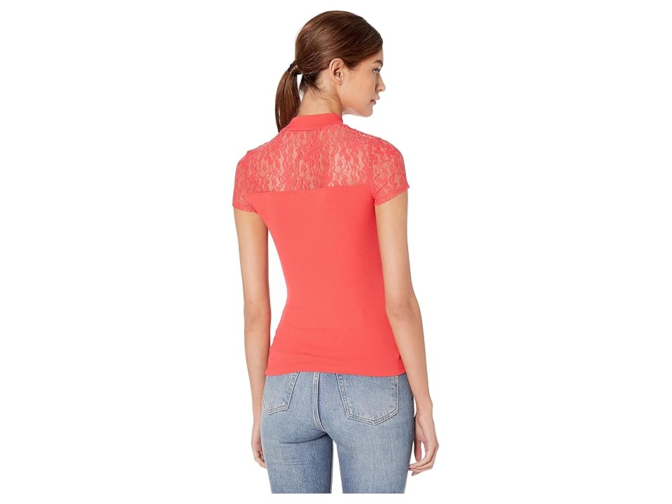 

Bebe Rib Lace Mock Neck Tee (Hibiscus) Women's T Shirt, Pink