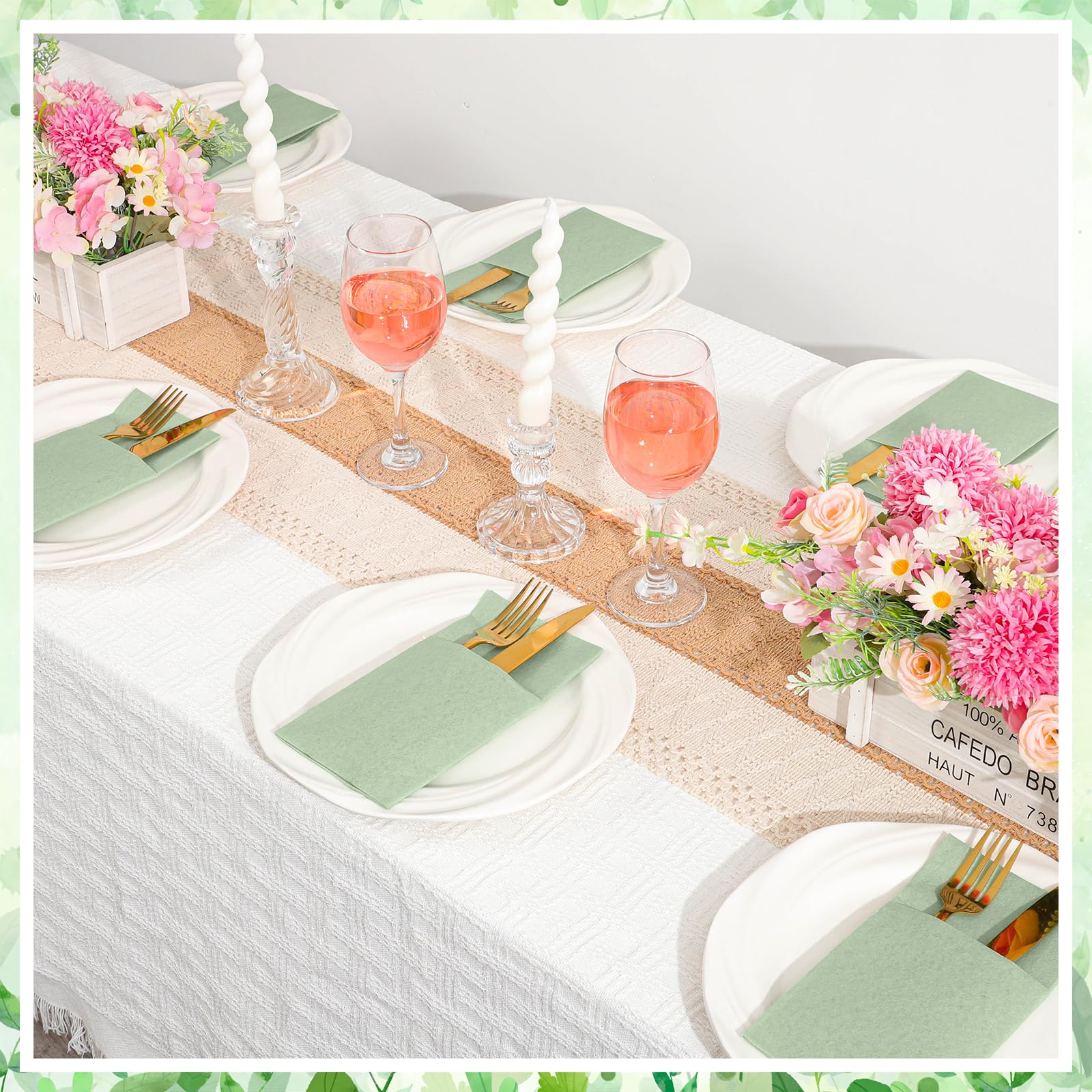 Lot de 60 serviettes de table jetables en lin avec poche intégrée pour couverts, mariage, fête prénatale, fête de mariage (vert sauge)