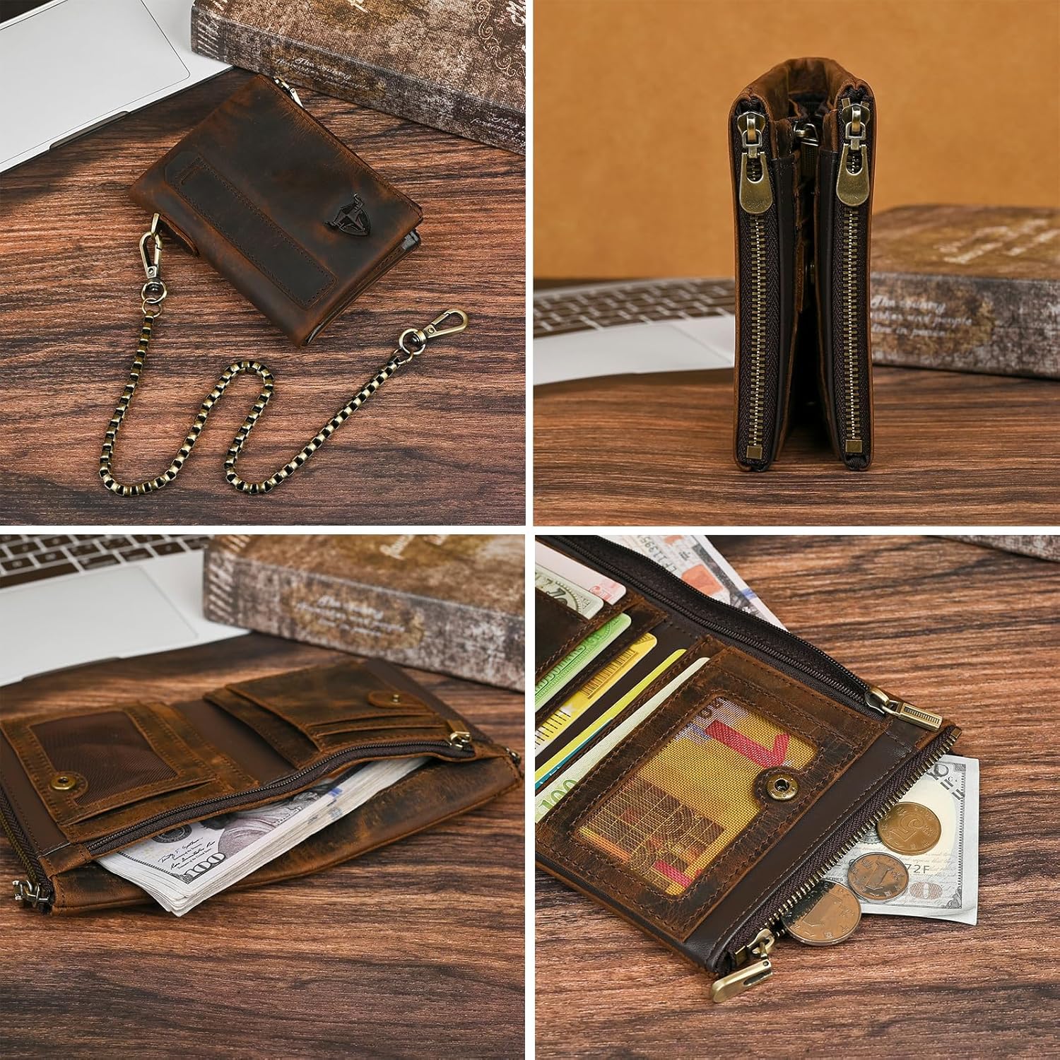 Oil Wax Genuine Leather Travel Gift Coin Pocket Card Case Vertical Chain Rfid Wallet Purse With Snap For Men Male 1802 (Brown) - Image 5