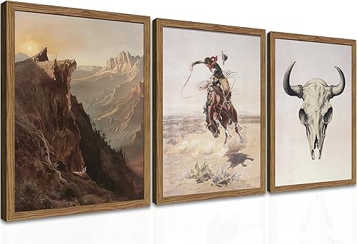 Juego de 3 pinturas de pared de vaquero occidental, pinturas vintage de vaquero del suroeste del oeste, carteles de toro de cuerno largo occidental,