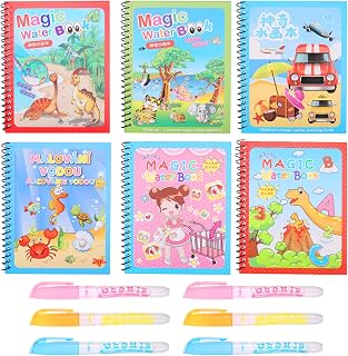 6 Pieces Water Magic Coloring Books for Toddlers, Reusable Water Magic Colouring Books for Children,water Pen Colouring Book Toddler，Cartoon Animals,Water Colouring Book for Kids 2-6 Year Boys Girls