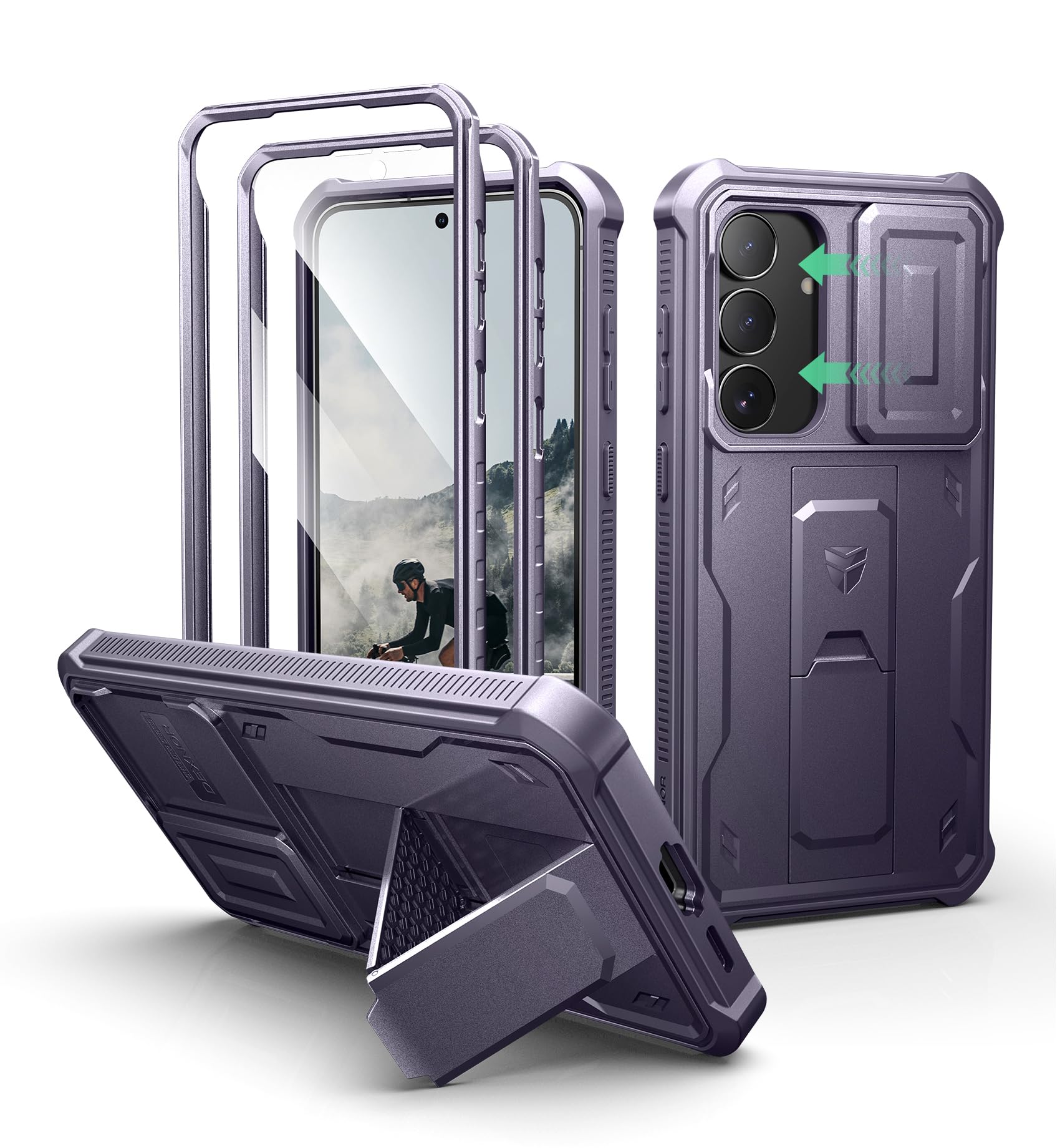Dexnor for Samsung Galaxy S25 FE Case with Upgraded Slide Camera Cover &amp; 2 Front Frames &amp; Built-in Screen Protector &amp; Kickstand, Heavy-Duty Rugged Case Full-Body Protective Cover(2025),Phantom Purple