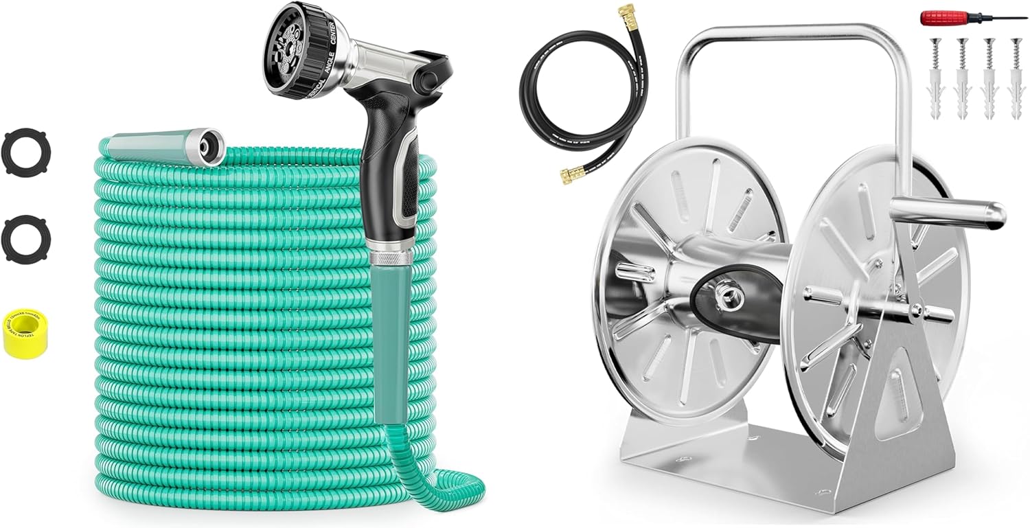 Stainless Steel Garden Hose Reel with 50 ft hose