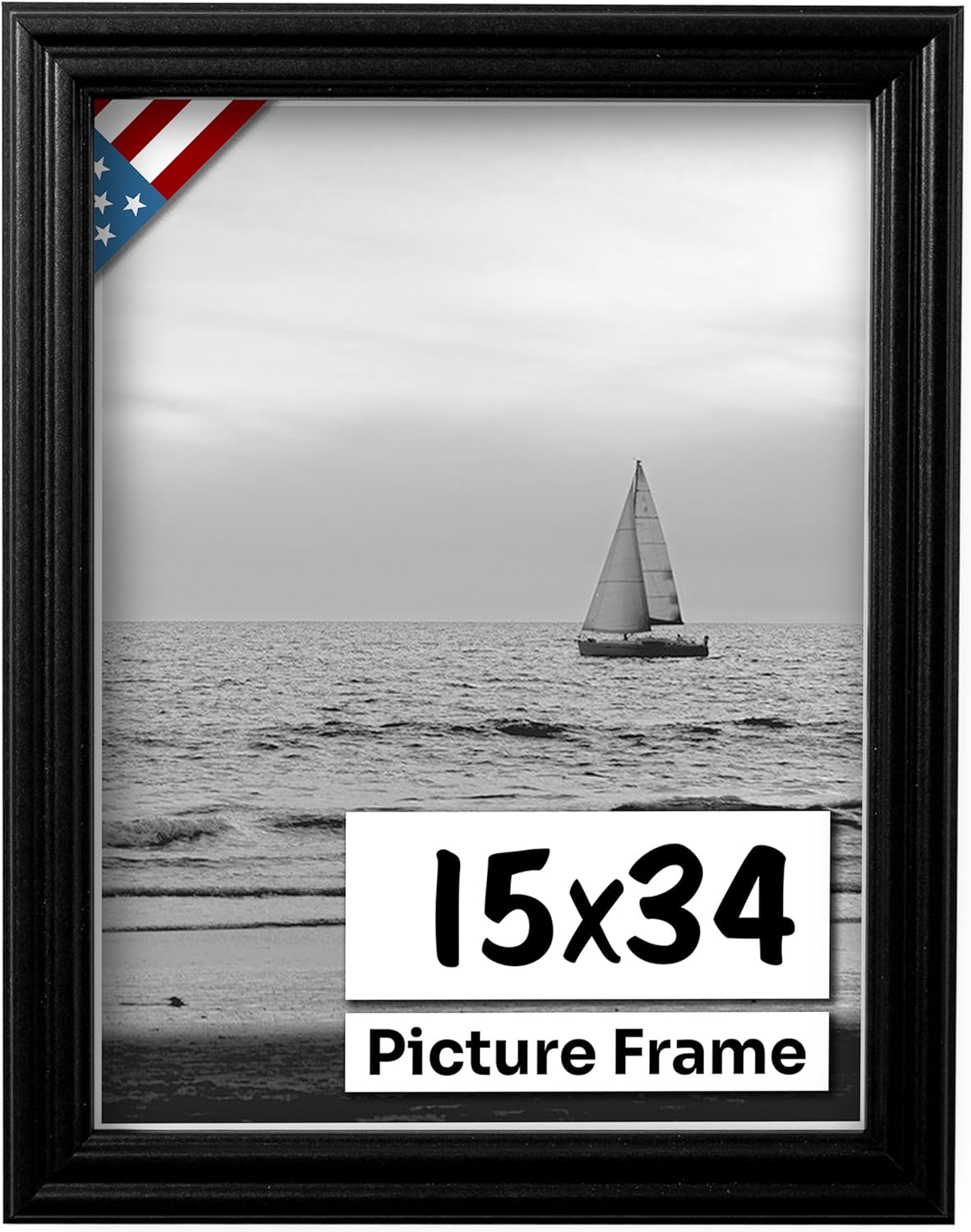 Black 15x34 Picture Frame .75" Inch Wide - Black Wall Decor Handmade Solid Wood Frames with Preinstalled Hangers and UV Blocking Plexiglass 34x15 Frame